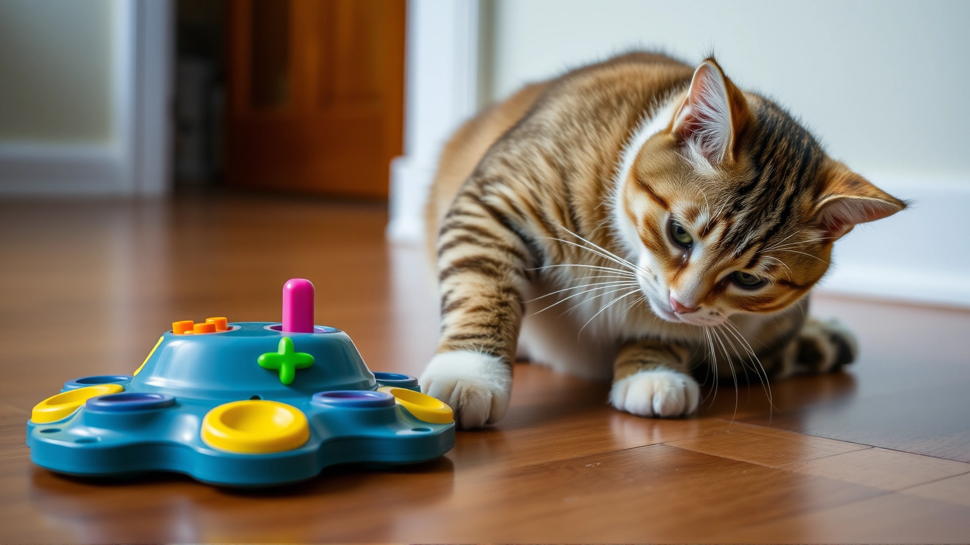 Domestic cat playing with a colorful puzzle feeder toy on a hardwood floor, emphasizing mental stimulation.