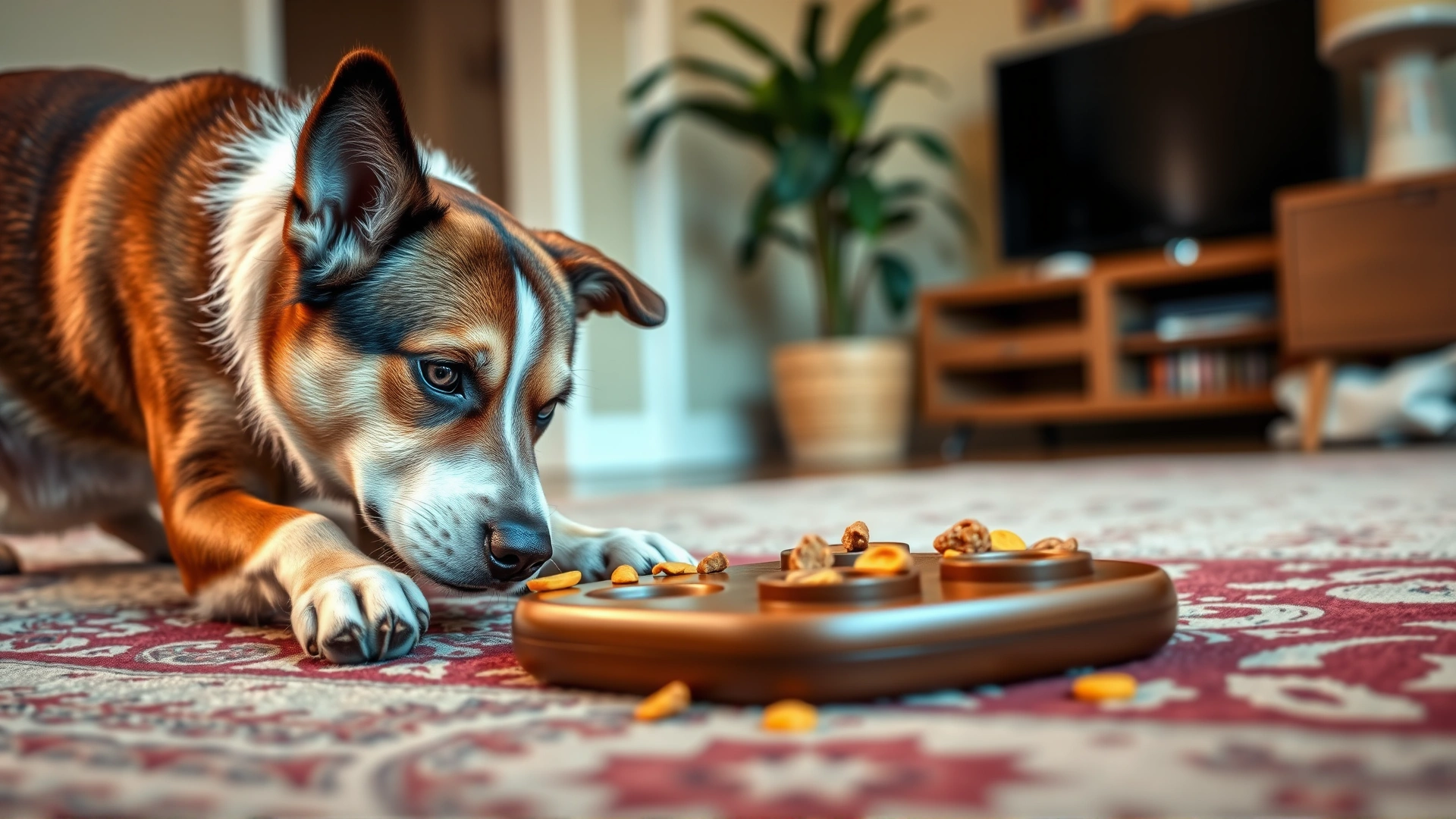Dog intensely solving a treat puzzle toy on a living room rug