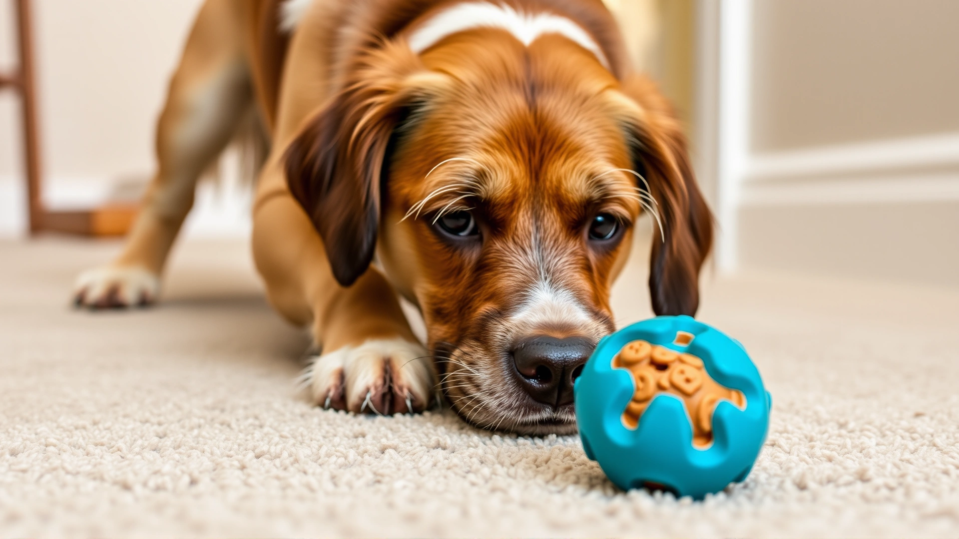 Planet Dog Orbee-Tuff Snoop treat ball rolling across a carpet as a senior dog focuses on it