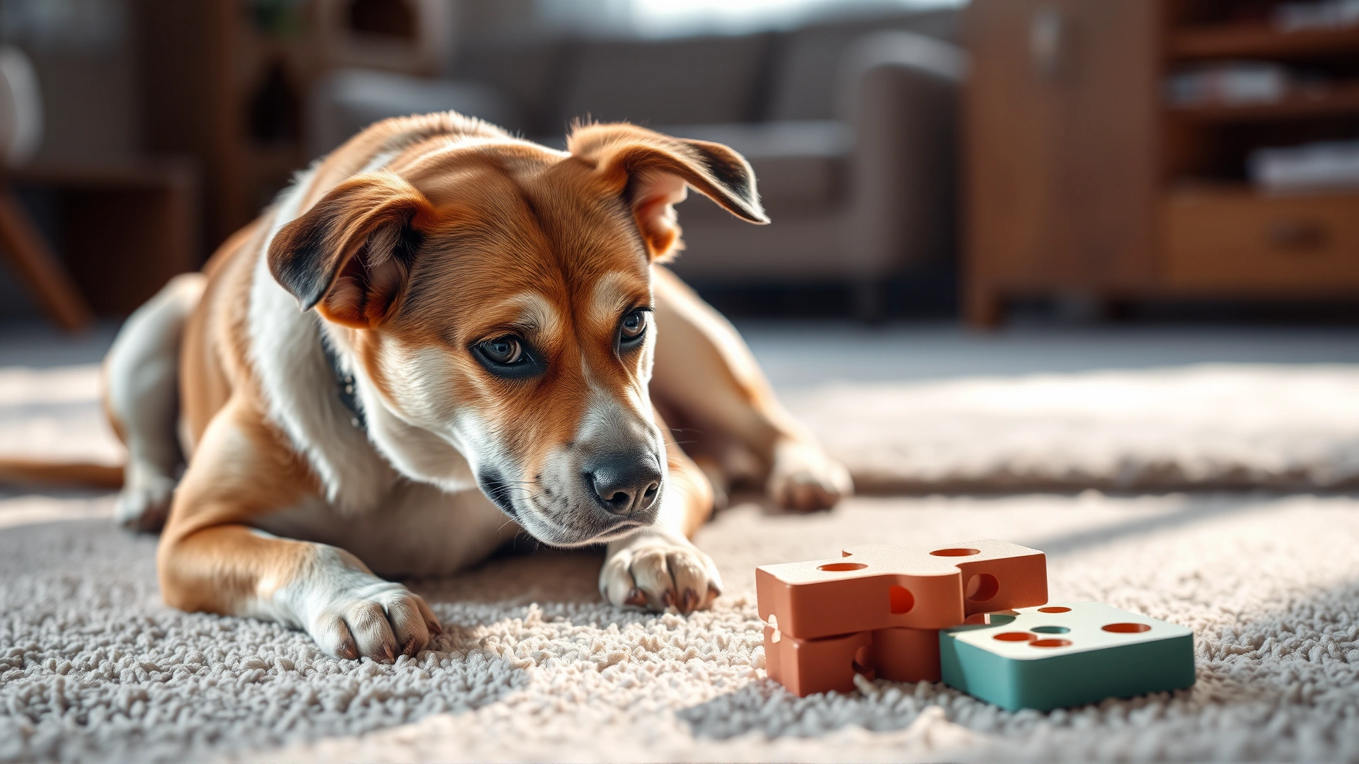 Dog concentrating on a puzzle toy on a soft carpet, brightly lit interior scene