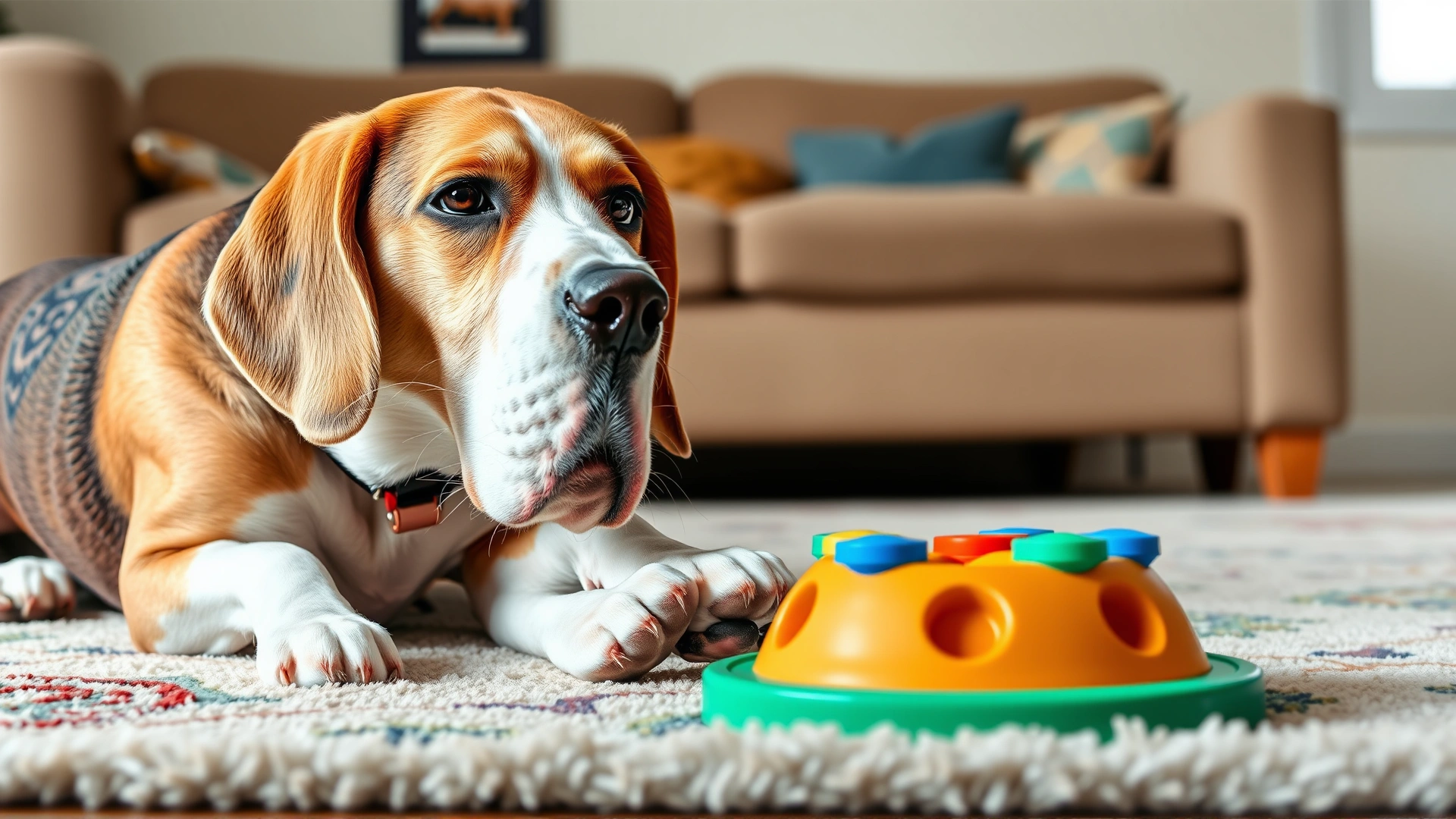 Senior Beagle interacting with a colorful puzzle feeder toy on a living-room rug, focused expression, natural daylight