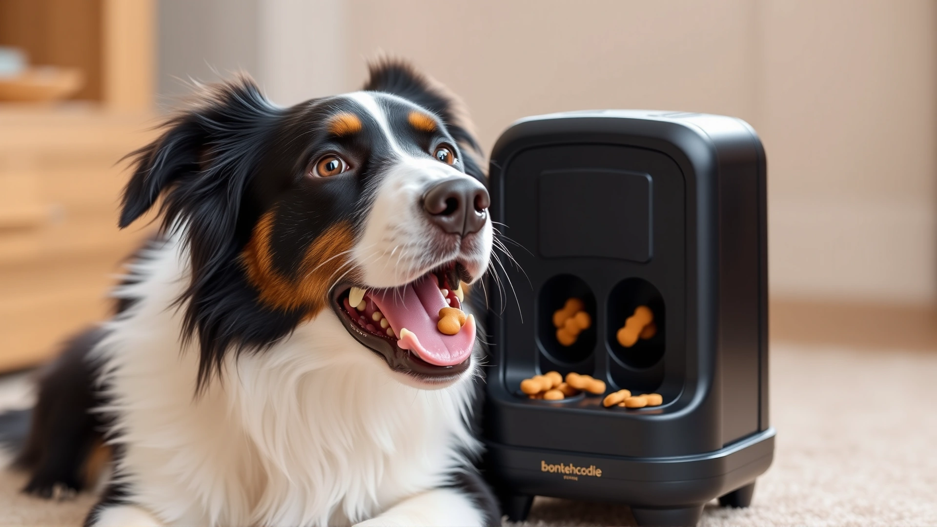 Senior Border Collie engaging with an interactive puzzle toy that dispenses treats.