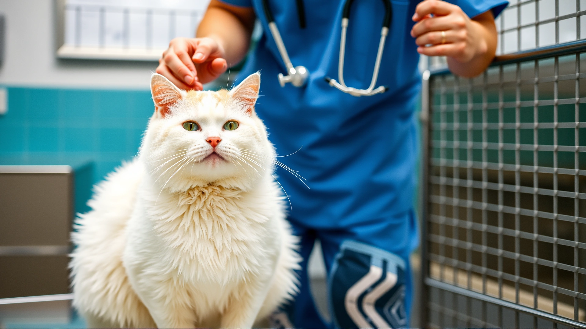 A shelter setting showing an obese white cat (Meow) being examined gently by a veterinarian wearing blue scrubs, highlighting the cat’s size.