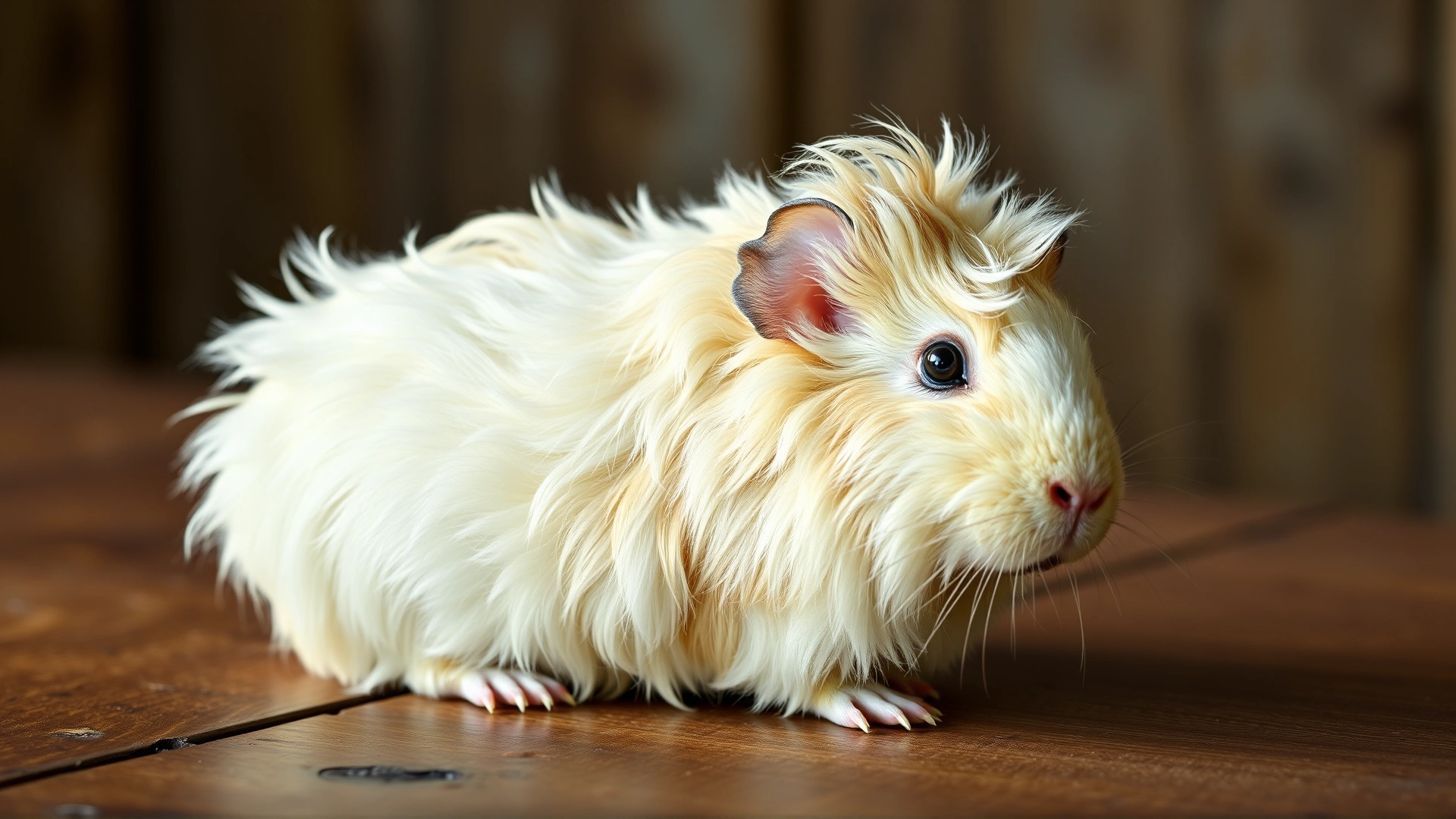Merino guinea pig featuring a curly coat and small crest, photographed on a rustic wooden table, warm lighting, no text