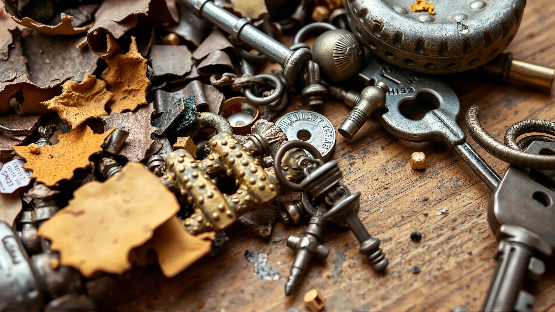 Close-up of assorted household metal items dangerous to birds: peeling lead paint chips, galvanized cage bars, small metal trinkets, and old keys scattered on a wooden surface.