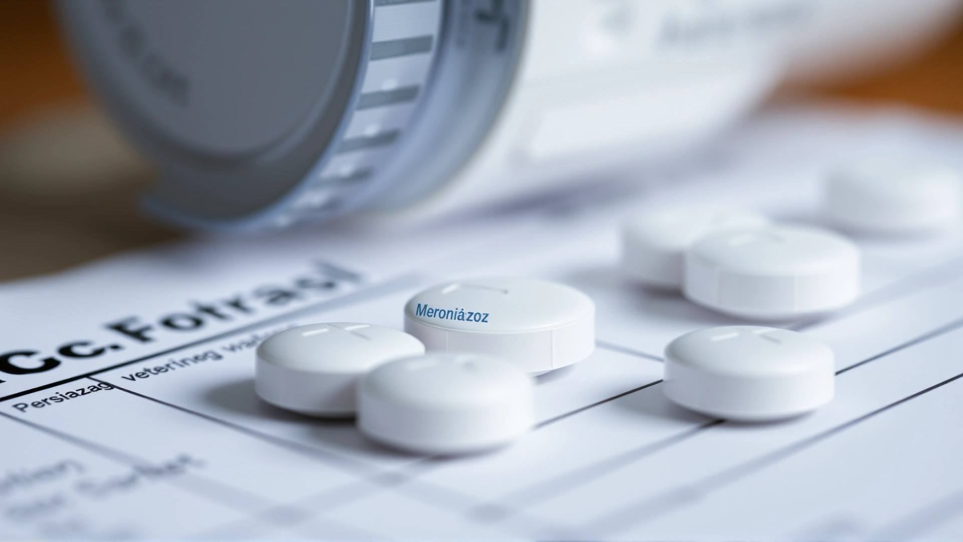 Macro shot of round white metronidazole tablets resting on a veterinary prescription pad, shallow depth of field