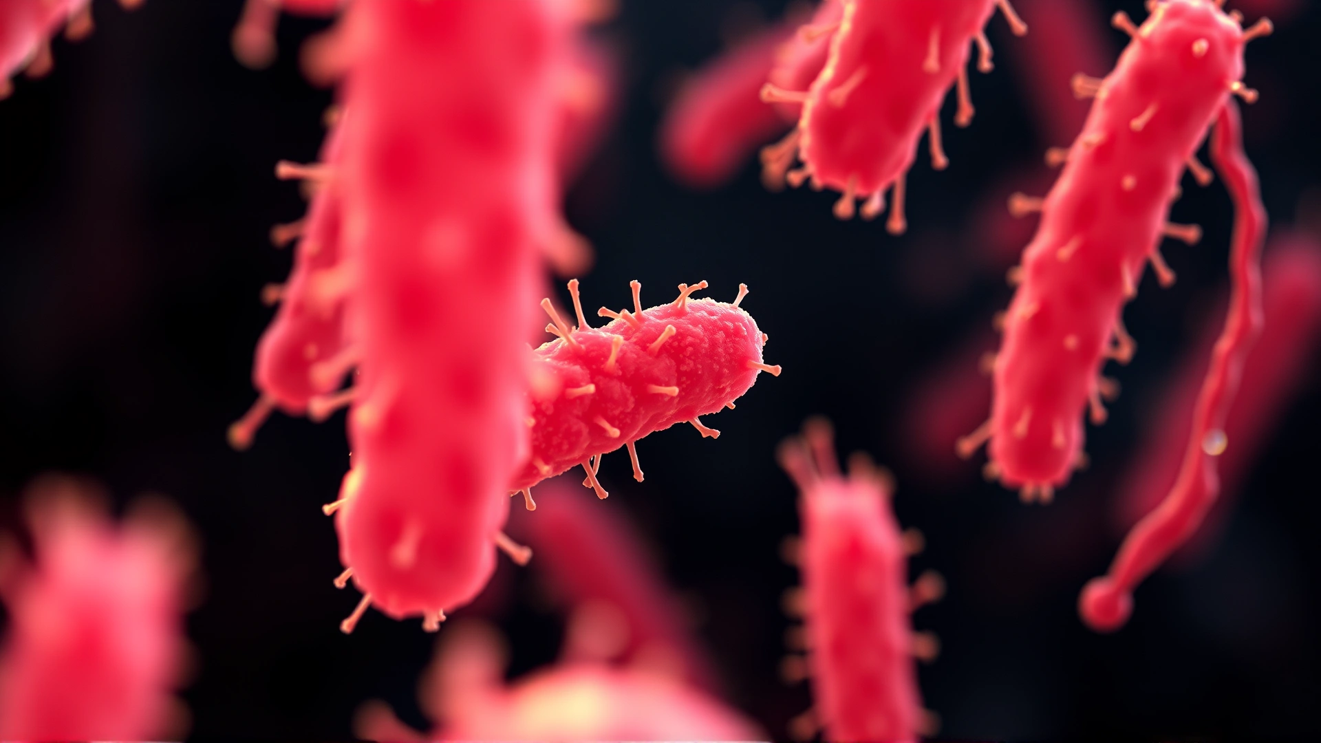 Microscopic close-up of rod-shaped bacteria with dramatic lighting on a dark background