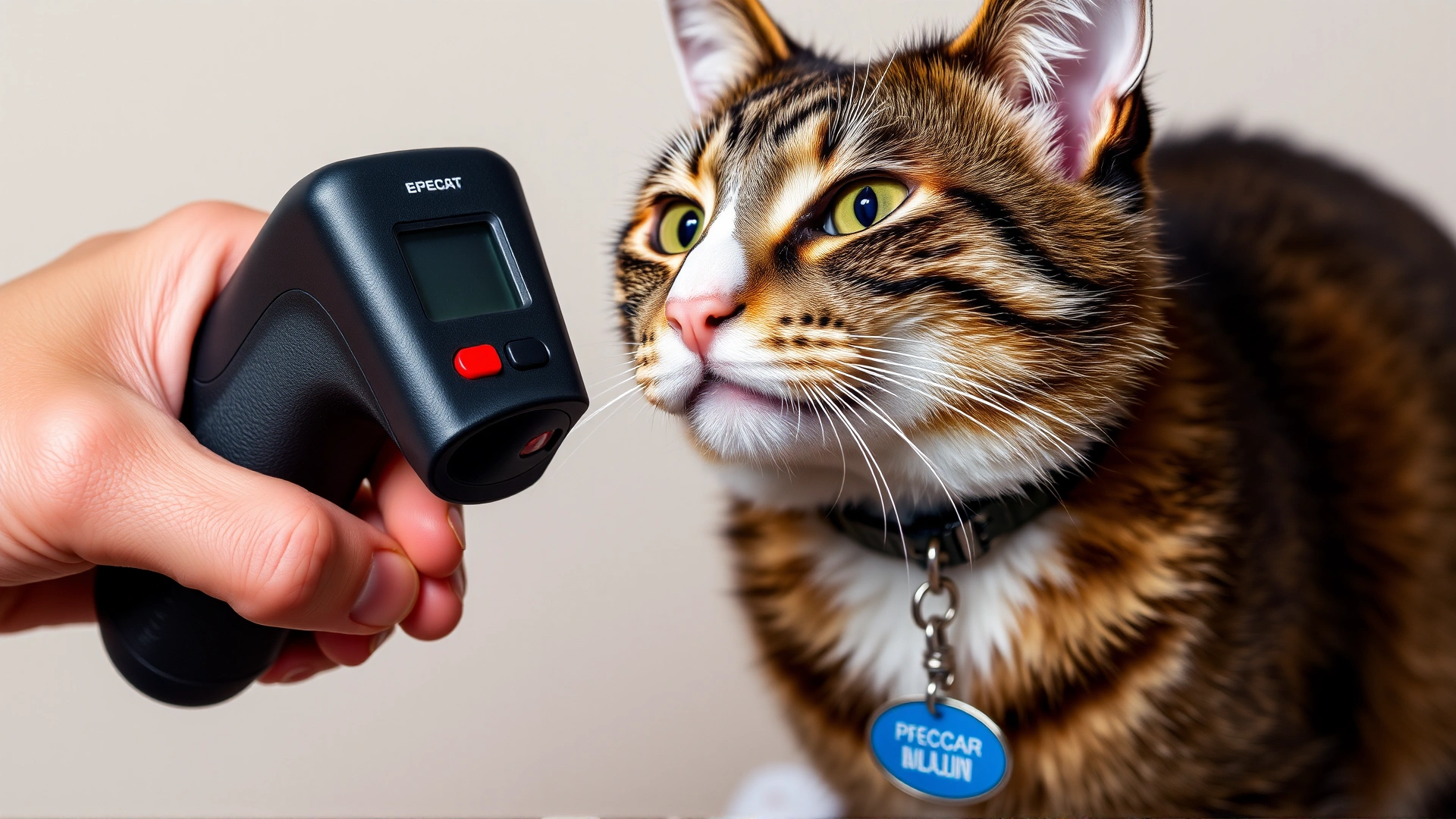 Hand holding a microchip scanner near a cat wearing a collar with an ID tag, emphasizing proper identification.