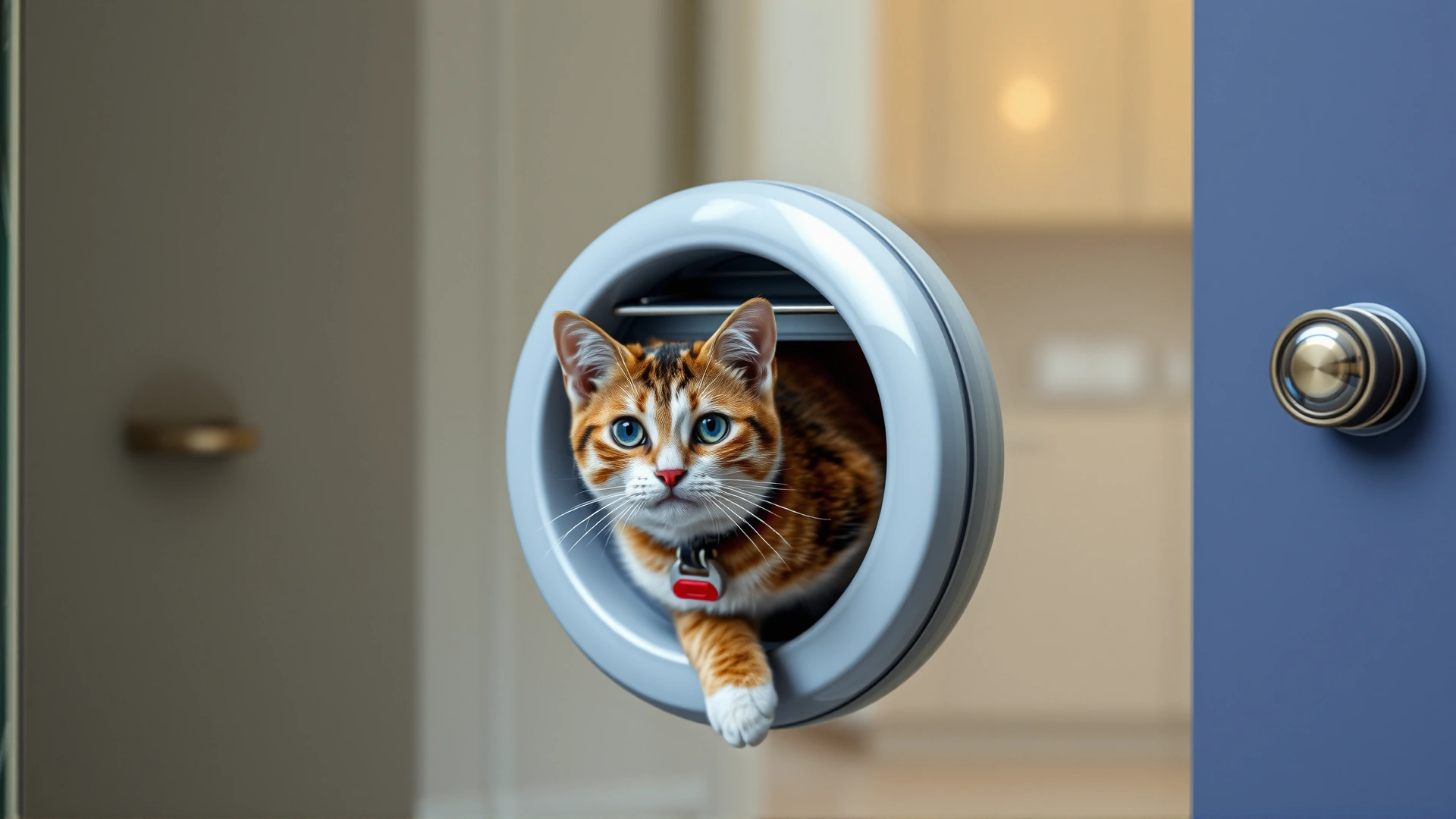 Modern microchip-enabled cat flap on a glass door with a cat wearing a collar passing through, technology indicator lights visible