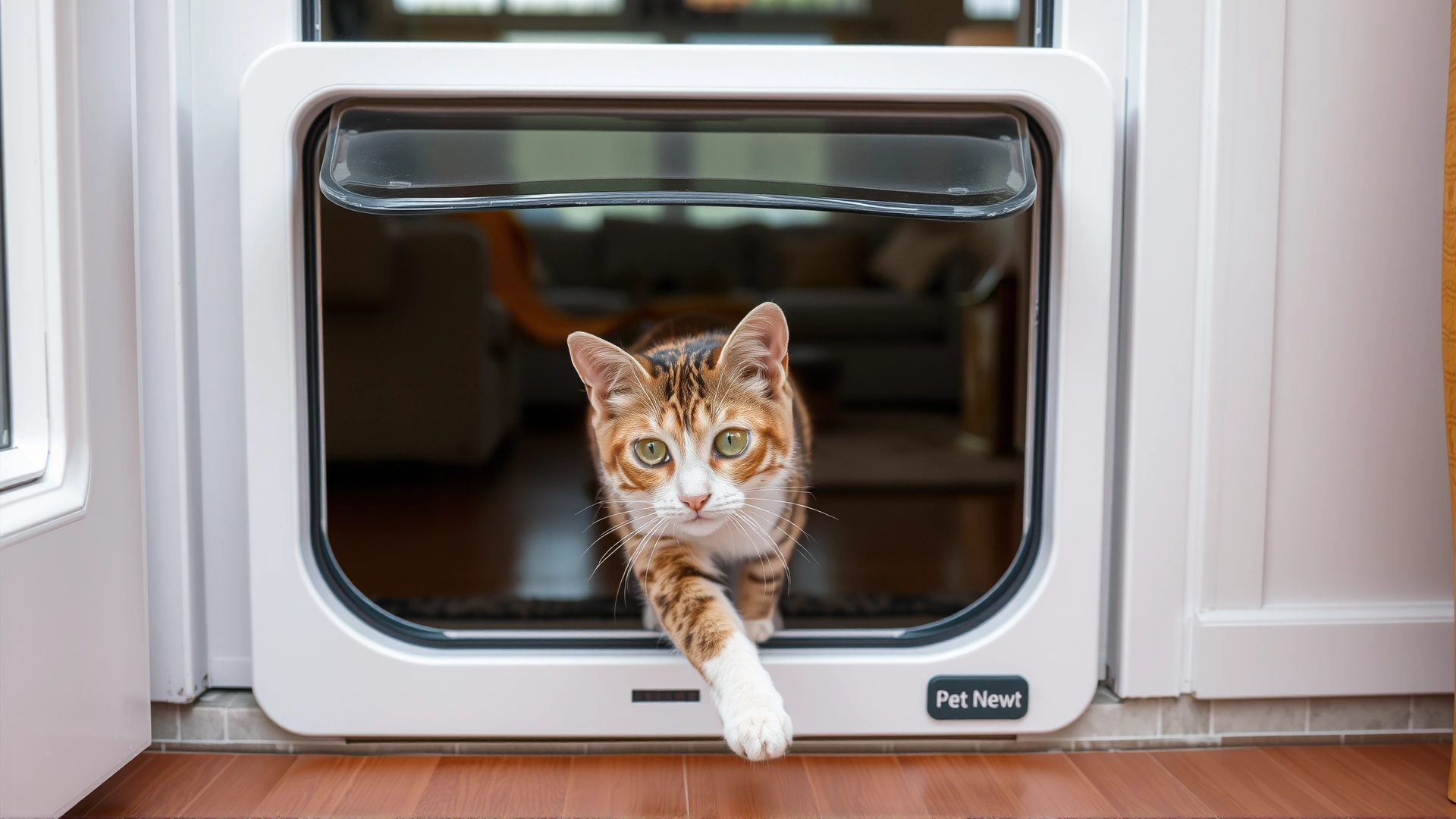 A curious cat passing through a white microchip-activated pet door installed in a glass patio door, interior living room visible in background.