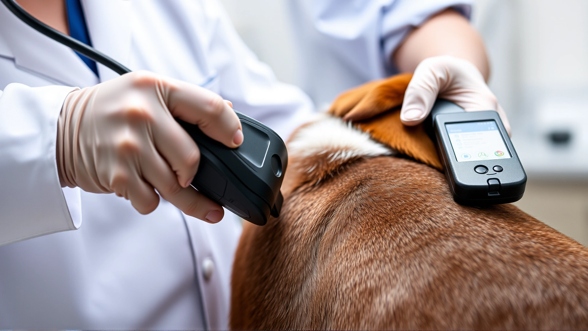 Veterinarian scanning a dog's shoulder with a microchip reader, clinical environment