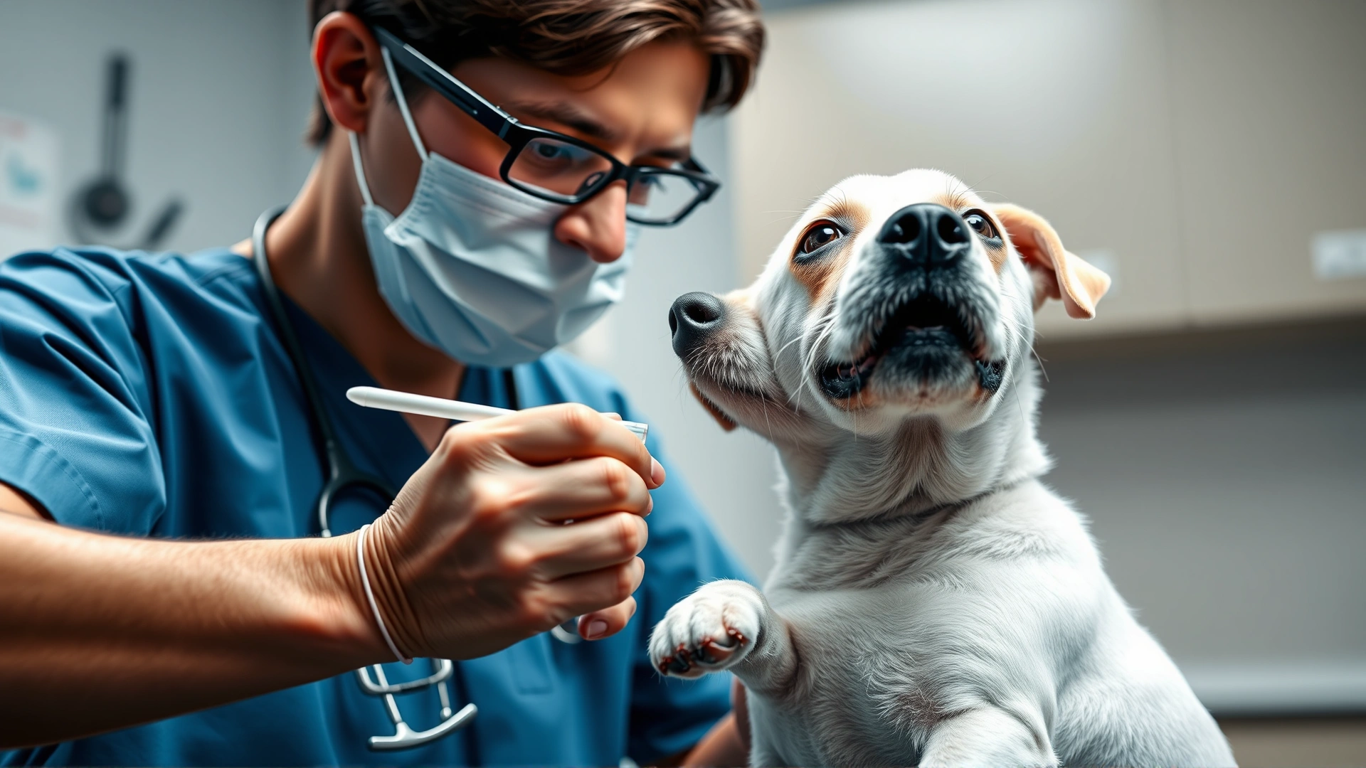 Veterinarian in a modern clinic inserting a microchip into a small white dog's shoulder using a sterile applicator
