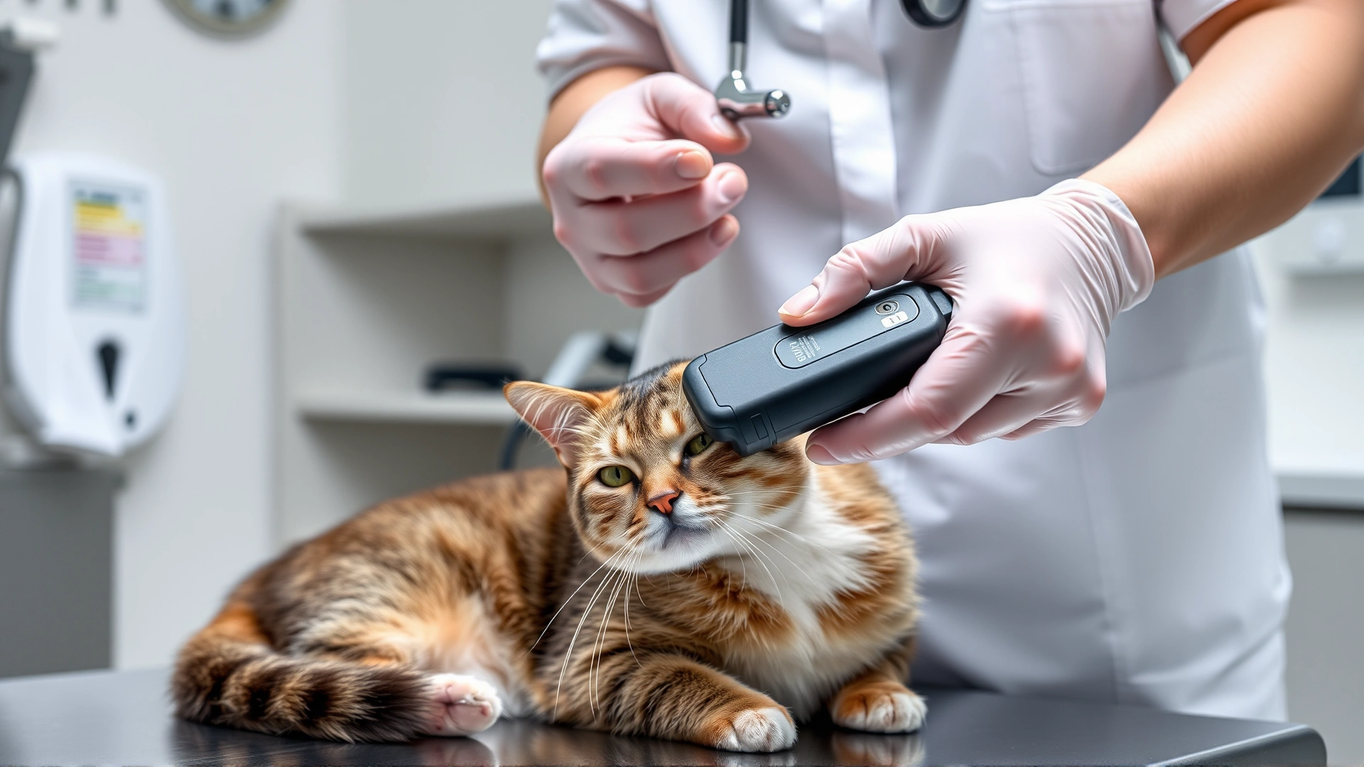 Veterinarian using a handheld microchip scanner on a calm cat in a clinic exam room