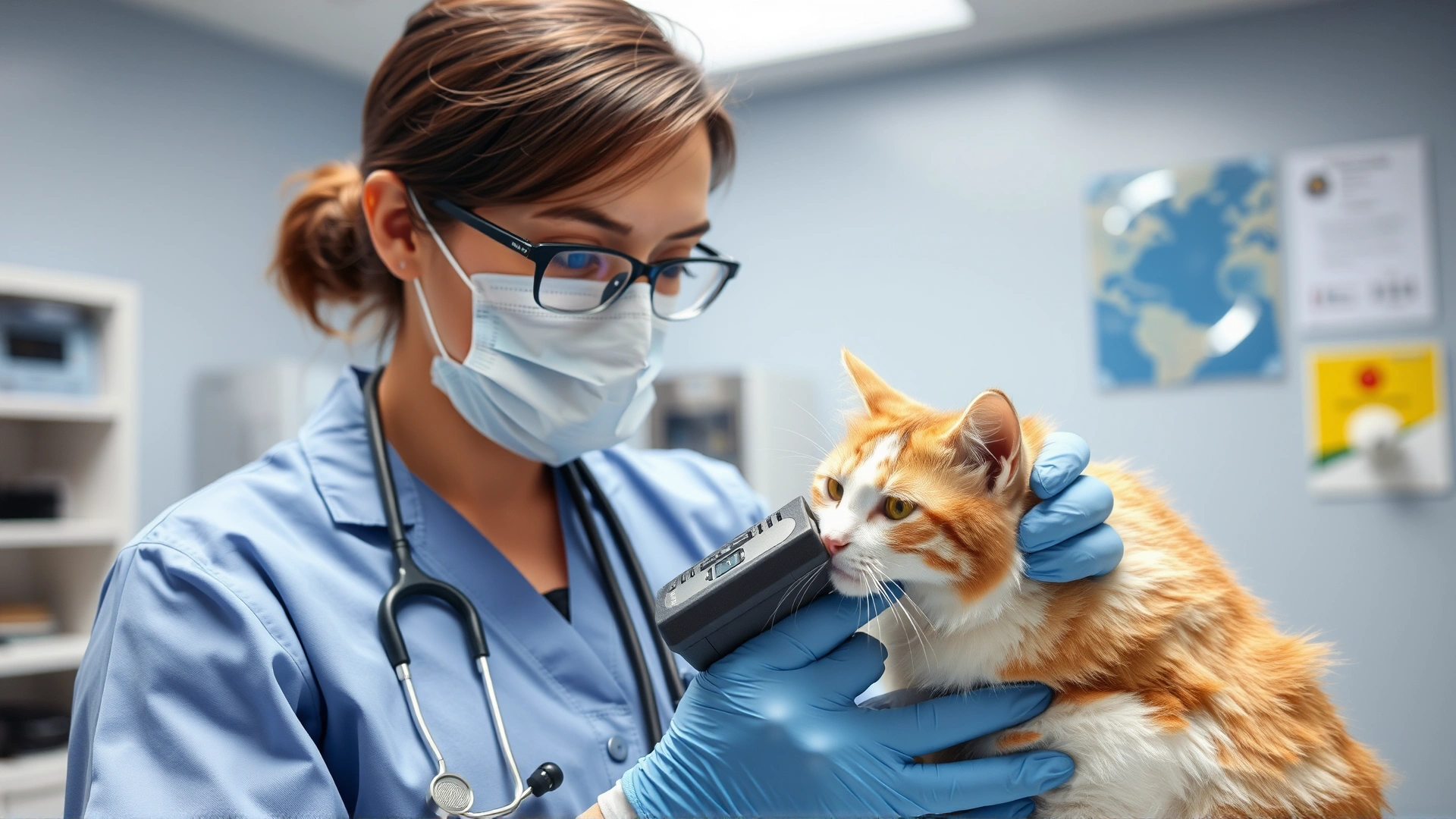 Veterinarian scanning a found cat's microchip with a handheld scanner in a clinic examination room