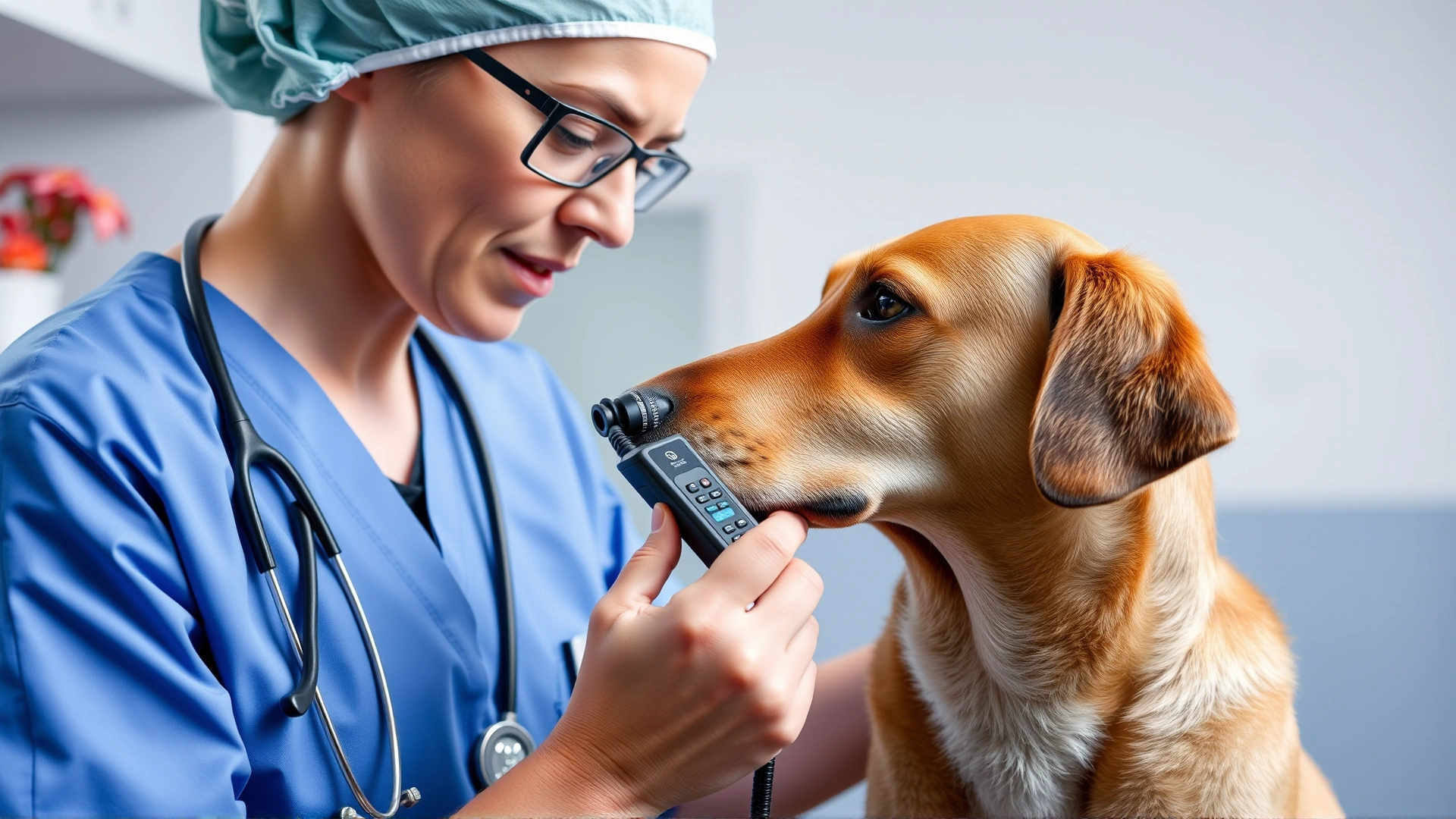 Veterinarian in scrubs scanning a small handheld microchip reader over a calm dog's shoulder in a clinic