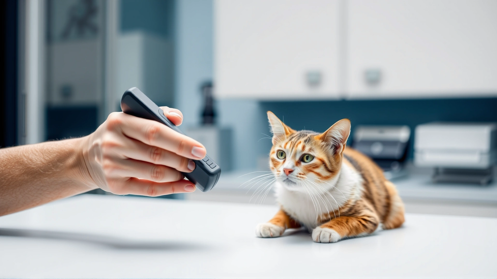 A veterinarian gently scanning a microchipped cat with a handheld RFID reader in a bright clinic environment.
