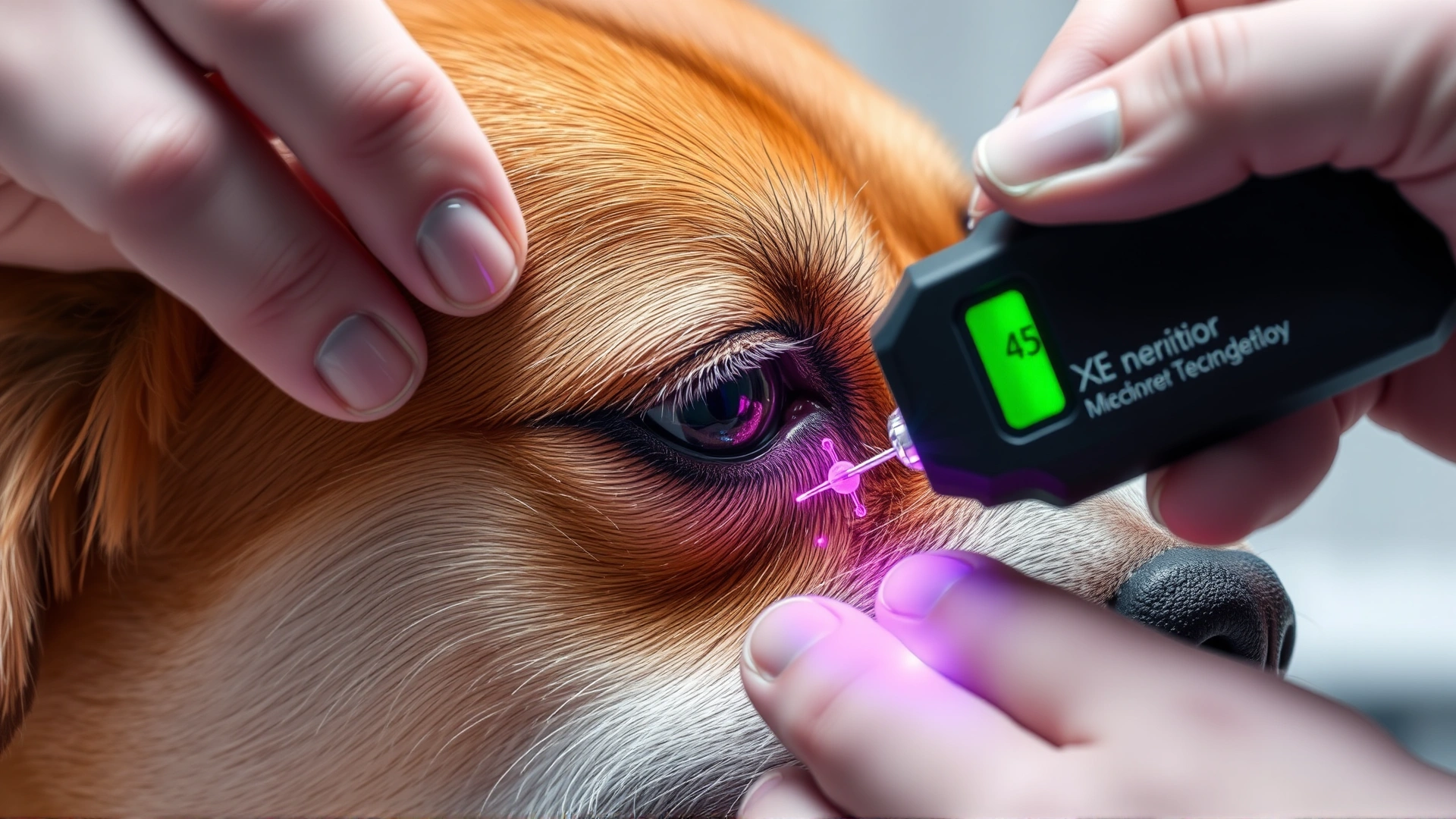 Close-up of a veterinarian implanting a microchip under a dog's skin using a scanner
