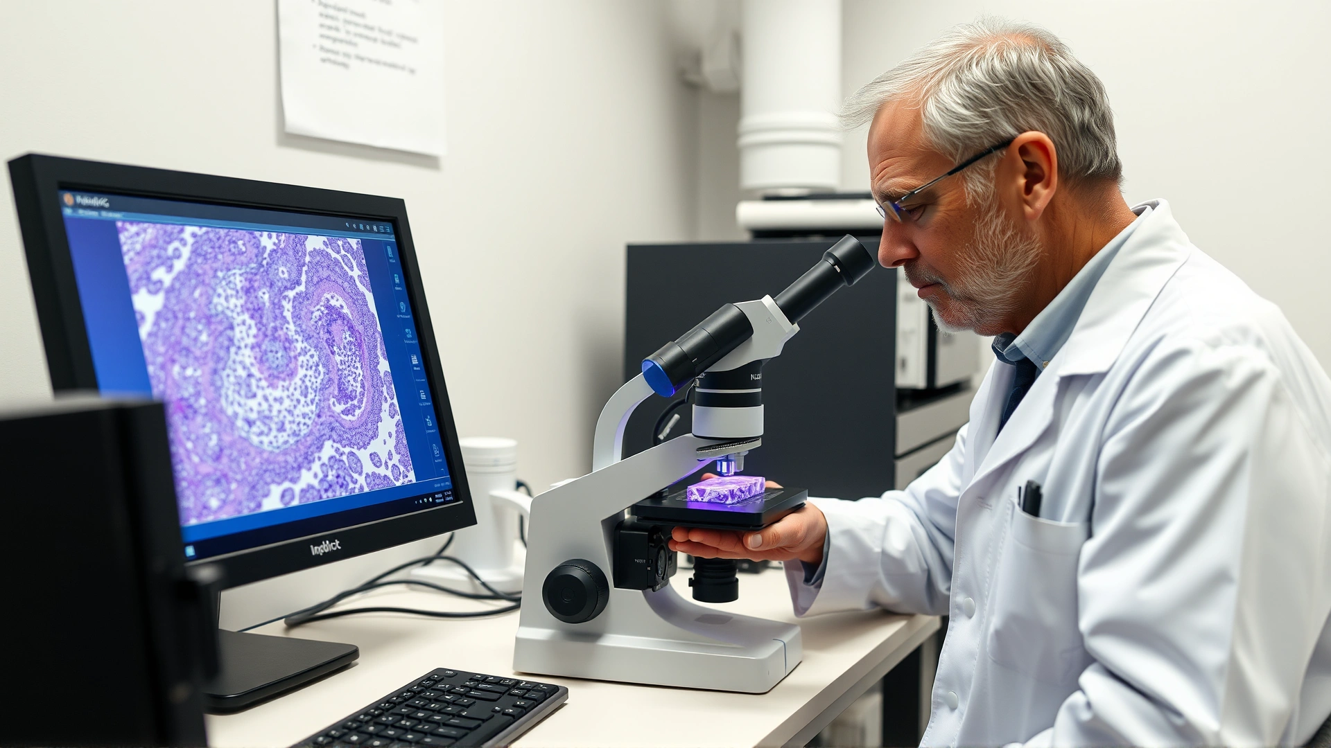 Veterinary pathologist in a white lab coat observing a biopsy slide under a microscope with computer screen showing tissue image