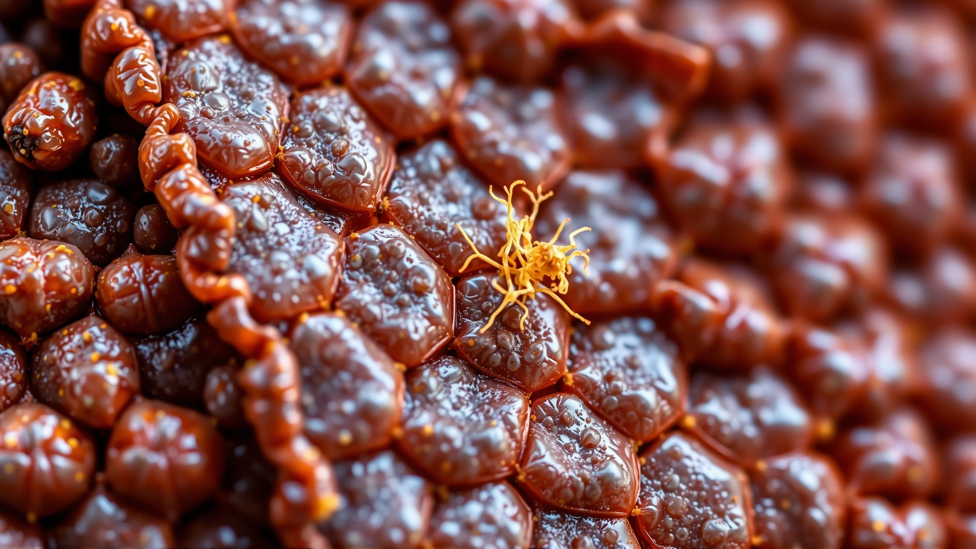Microscopic close-up view of reptile skin scales with fungal hyphae visible, high magnification, scientific style