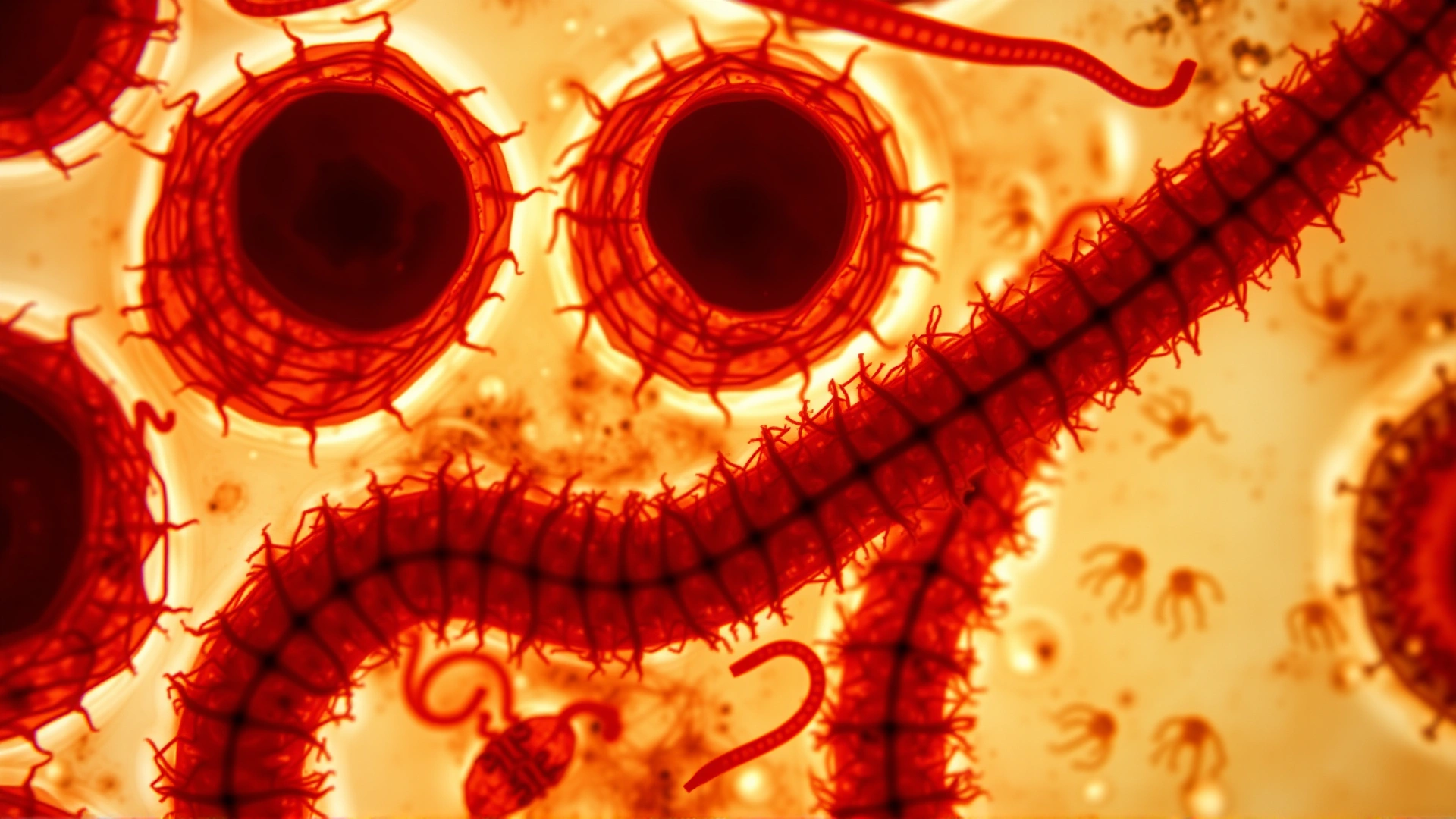 Microscopic view of parasite eggs (roundworms and hookworms) on a stained slide, vibrant colors, scientific texture.