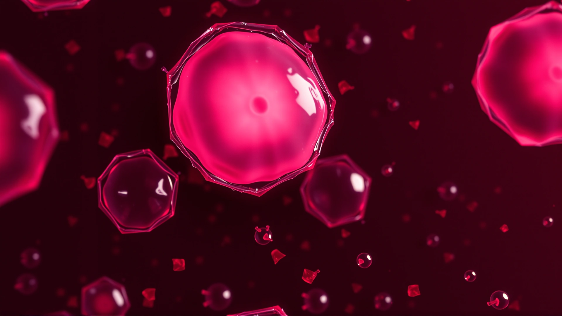 Highly detailed microscopic view of canine blood smear highlighting abnormal leukemic white blood cells, vivid colors on dark background, scientific illustration style