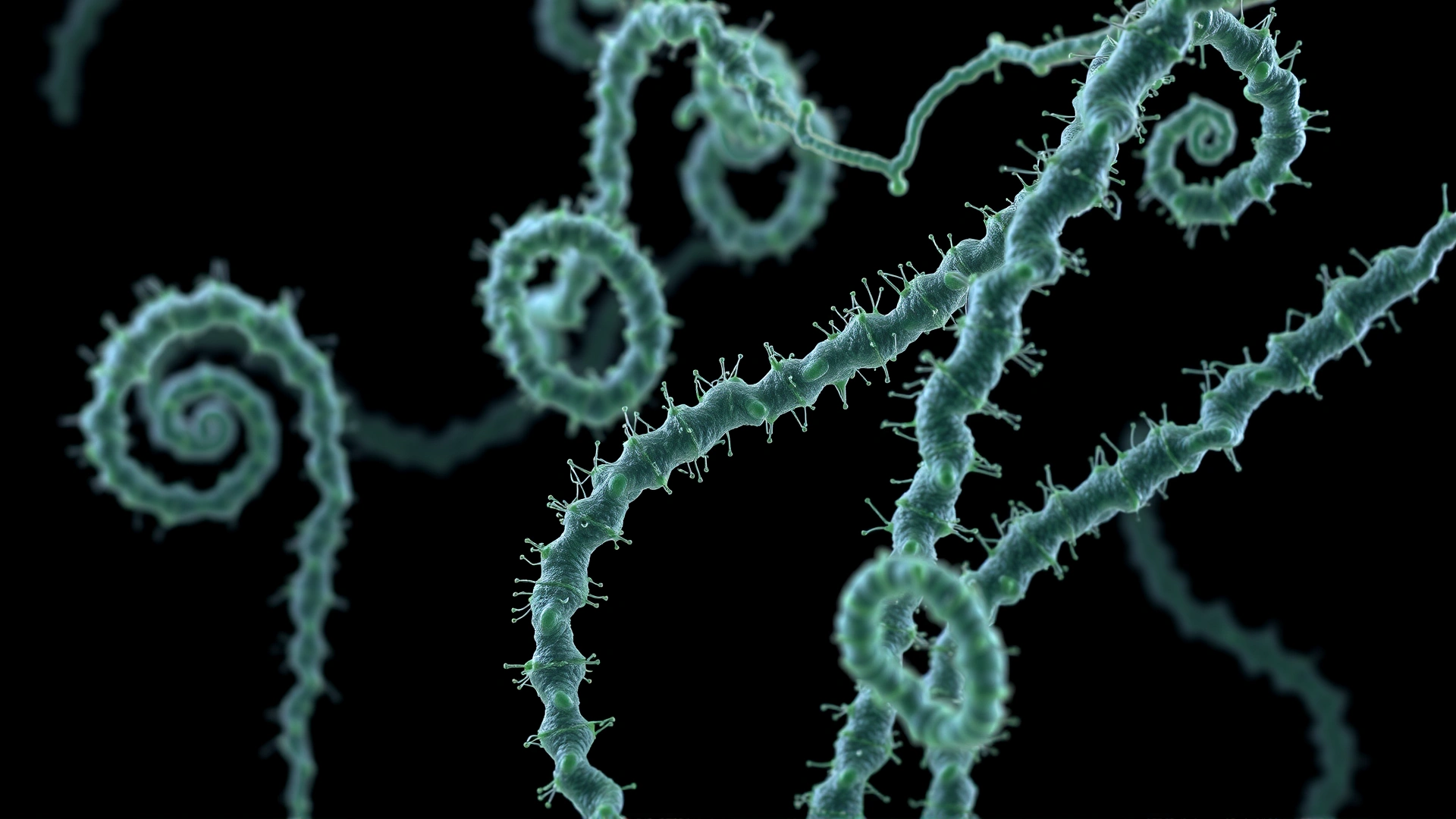 3D render of Leptospira bacteria spirals under a microscope, isolated on a dark background, no text.