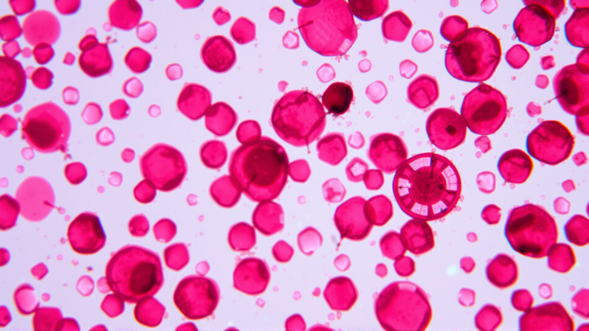 High-magnification microscopic view of feline blood smear highlighting numerous lymphocytes, vibrant scientific look