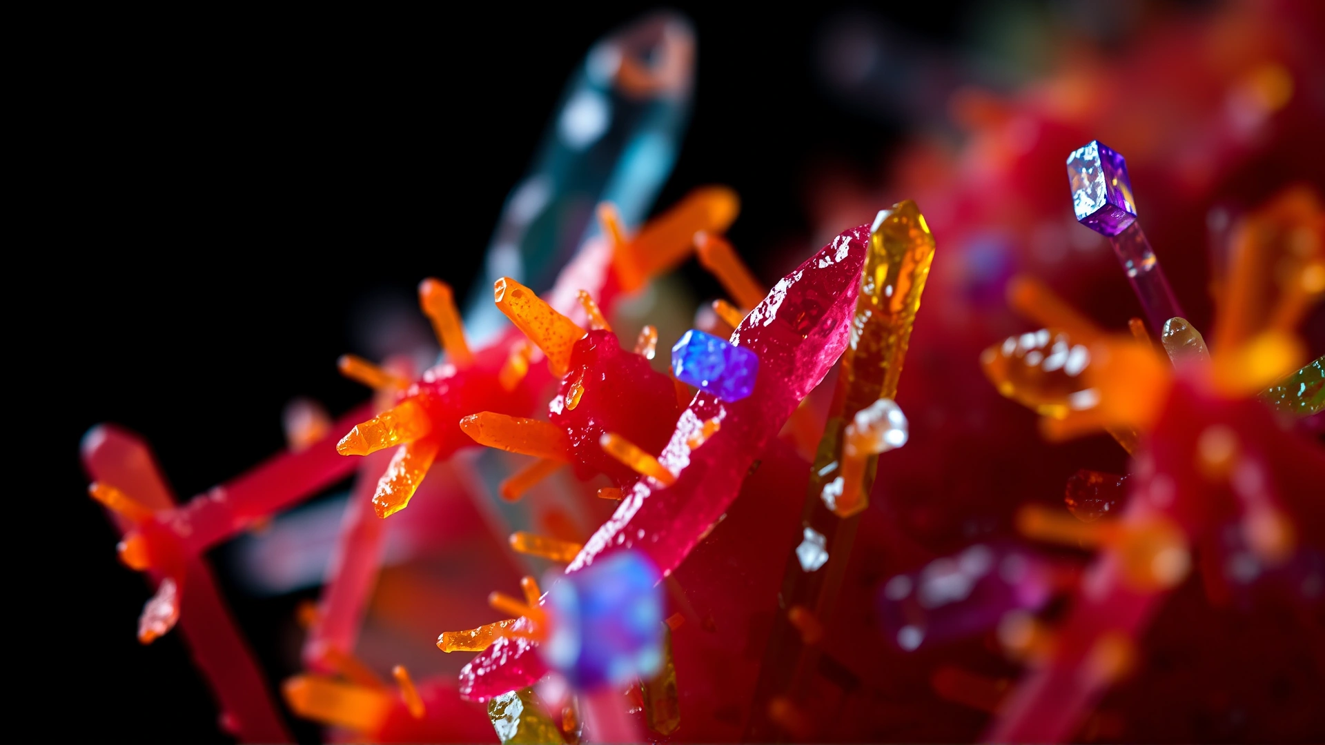 Macro photograph of colorful urinary crystals under a microscope with dark background, emphasizing sharp crystalline structures