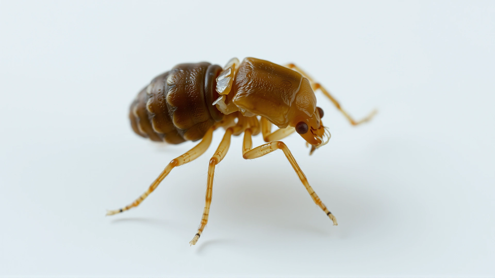 Highly detailed macro image of a mange mite (Sarcoptes scabiei) on a neutral laboratory slide background, showing legs and body texture, no text, scientific yet clean.
