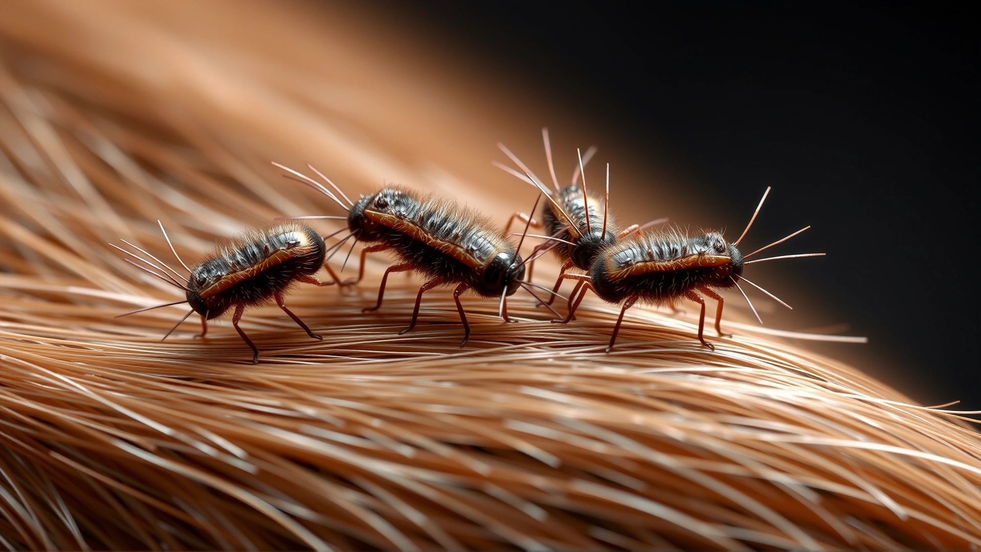 3D render or macro shot of fur mites on a single hair strand of a guinea pig, highly detailed to showcase the parasite without text.