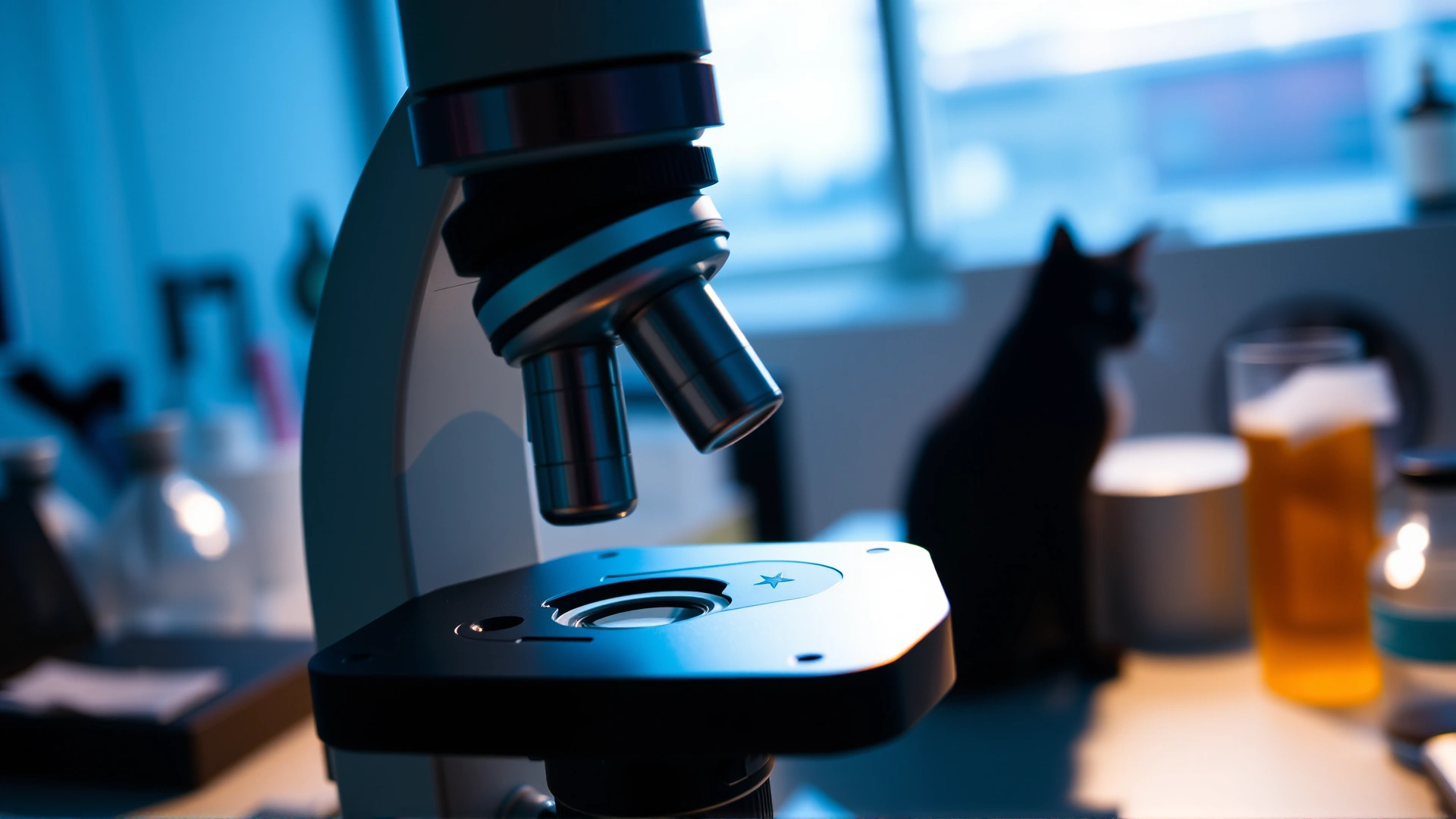 Laboratory scene showing a scientific microscope with a slide, blurred silhouette of a cat in the background, cool lighting