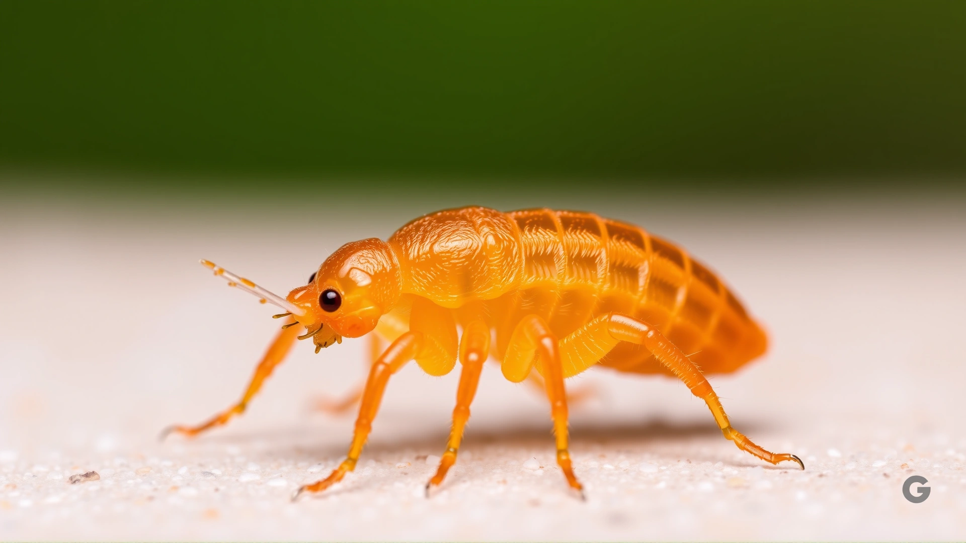 Macro photograph of an orange larval chigger mite on a light background, showing its six legs and translucent body in sharp focus.