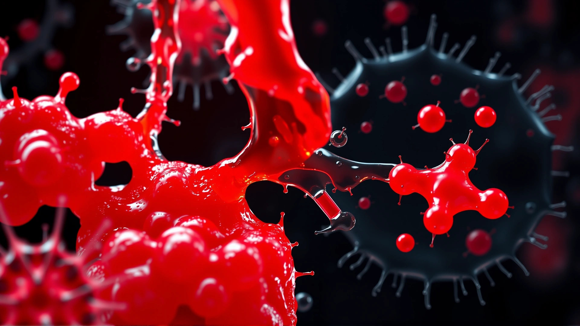 Artistic scientific visualization of dog saliva under a microscope, showing bacteria and enzymes against a dark background, no text.