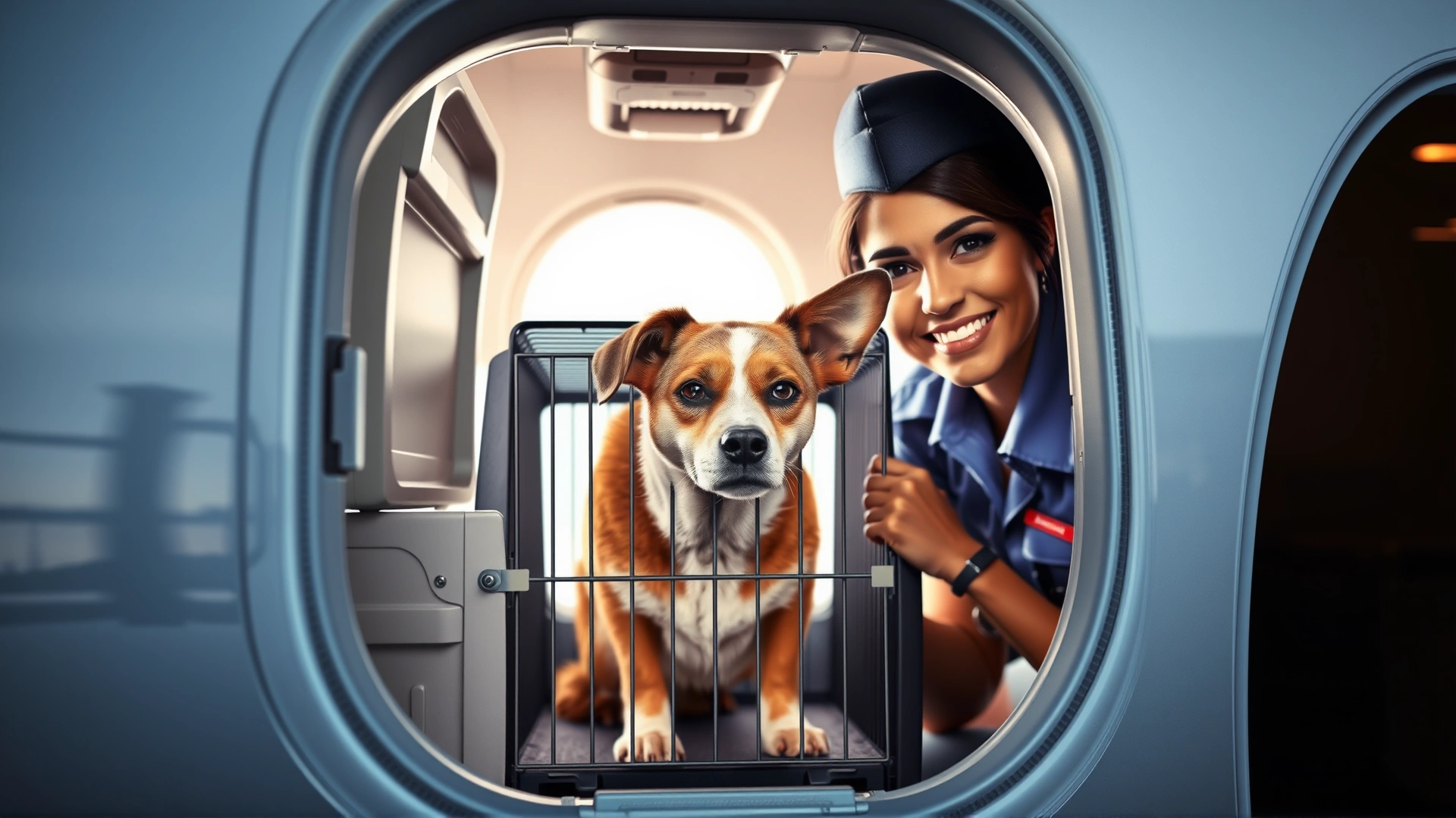 A flight attendant smiling and looking through the pet cargo door to check on a secured travel crate containing a calm dog.