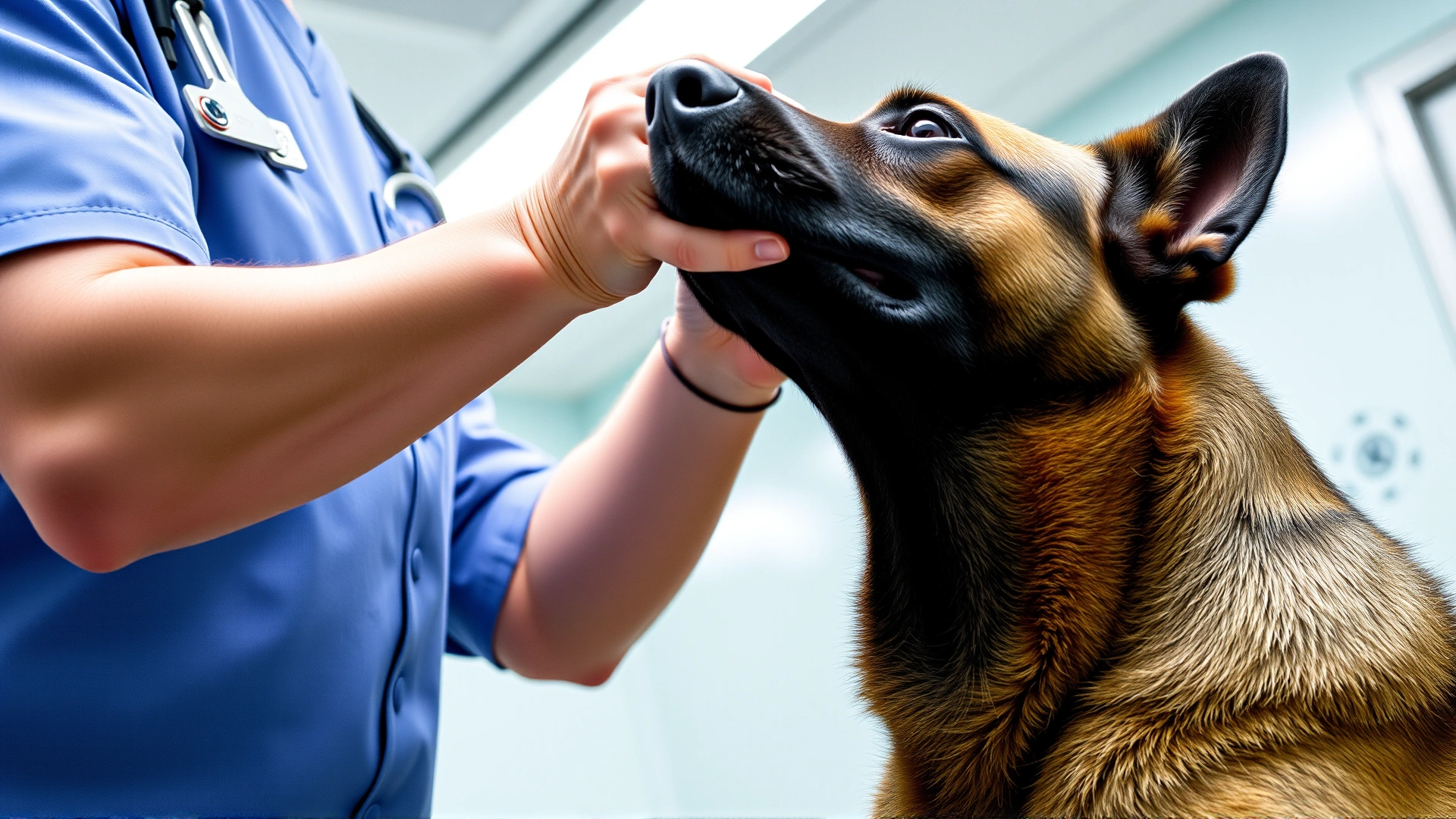 Close-up of a military veterinarian gently examining a Belgian Malinois’s ears in a modern veterinary clinic on a base