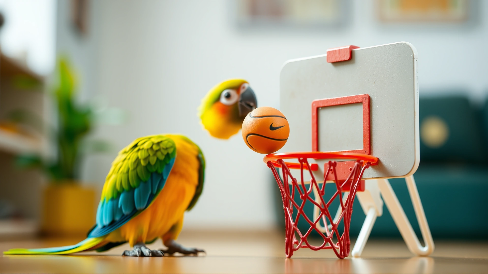 Colorful parrot dropping a tiny ball through a miniature basketball hoop; playful indoor setup, shallow depth of field