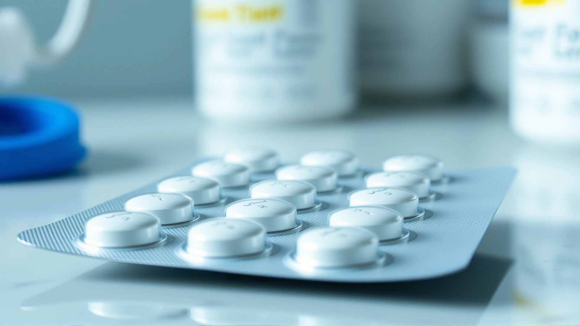 Macro shot of blister pack containing small round mirtazapine tablets on a vet clinic countertop.