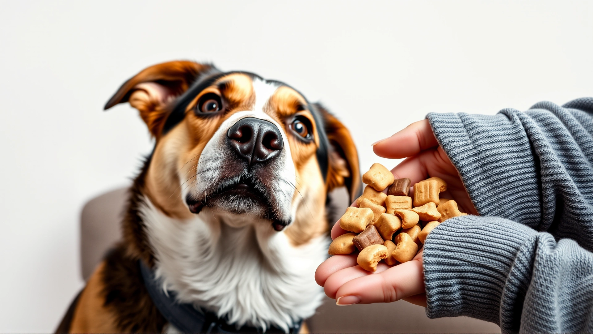Confused dog tilting its head while owner holds a handful of large treats, illustrating common training errors
