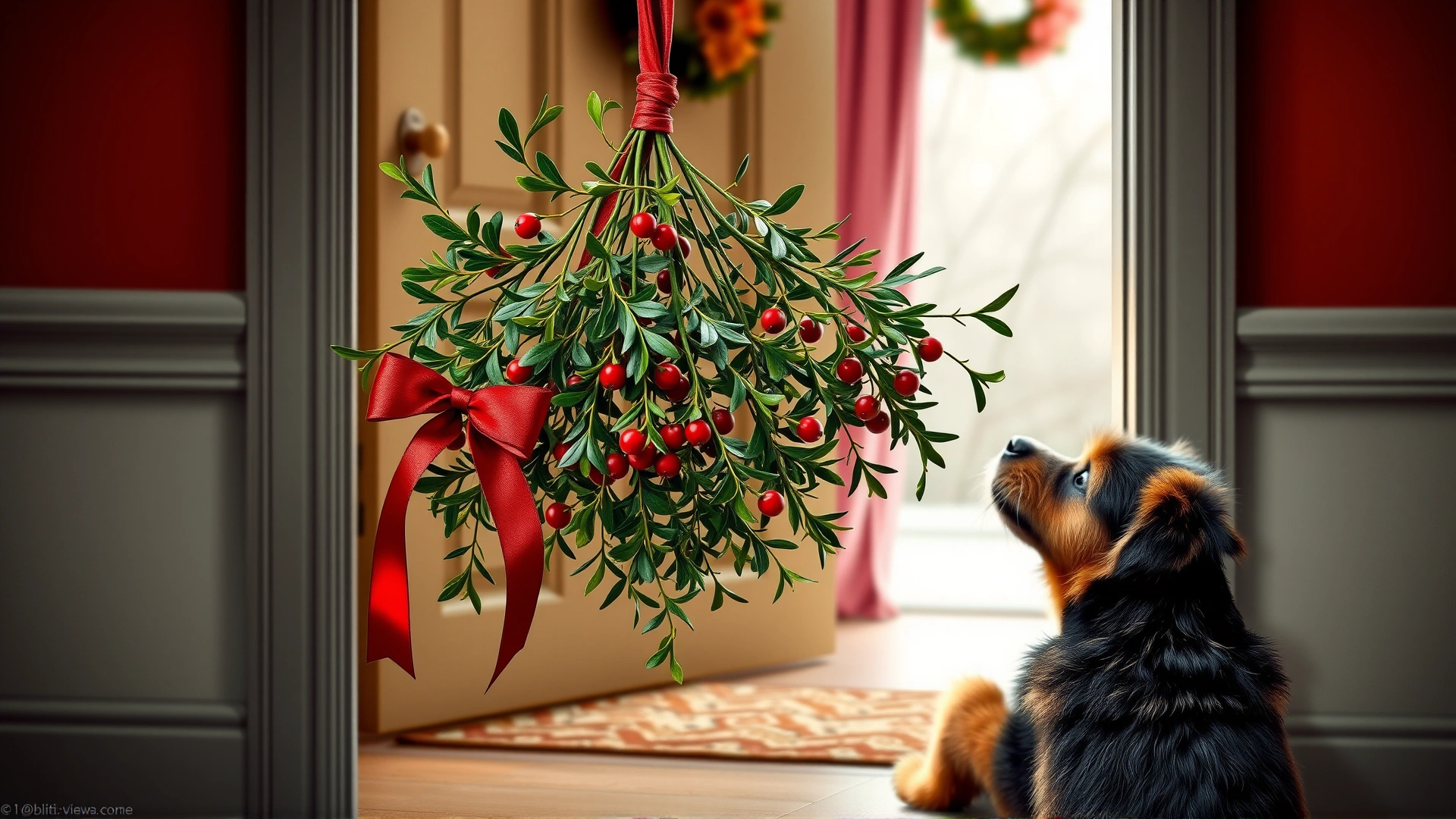 Sprig of mistletoe tied with a red ribbon hanging in a doorway while a small dog sits underneath looking up.