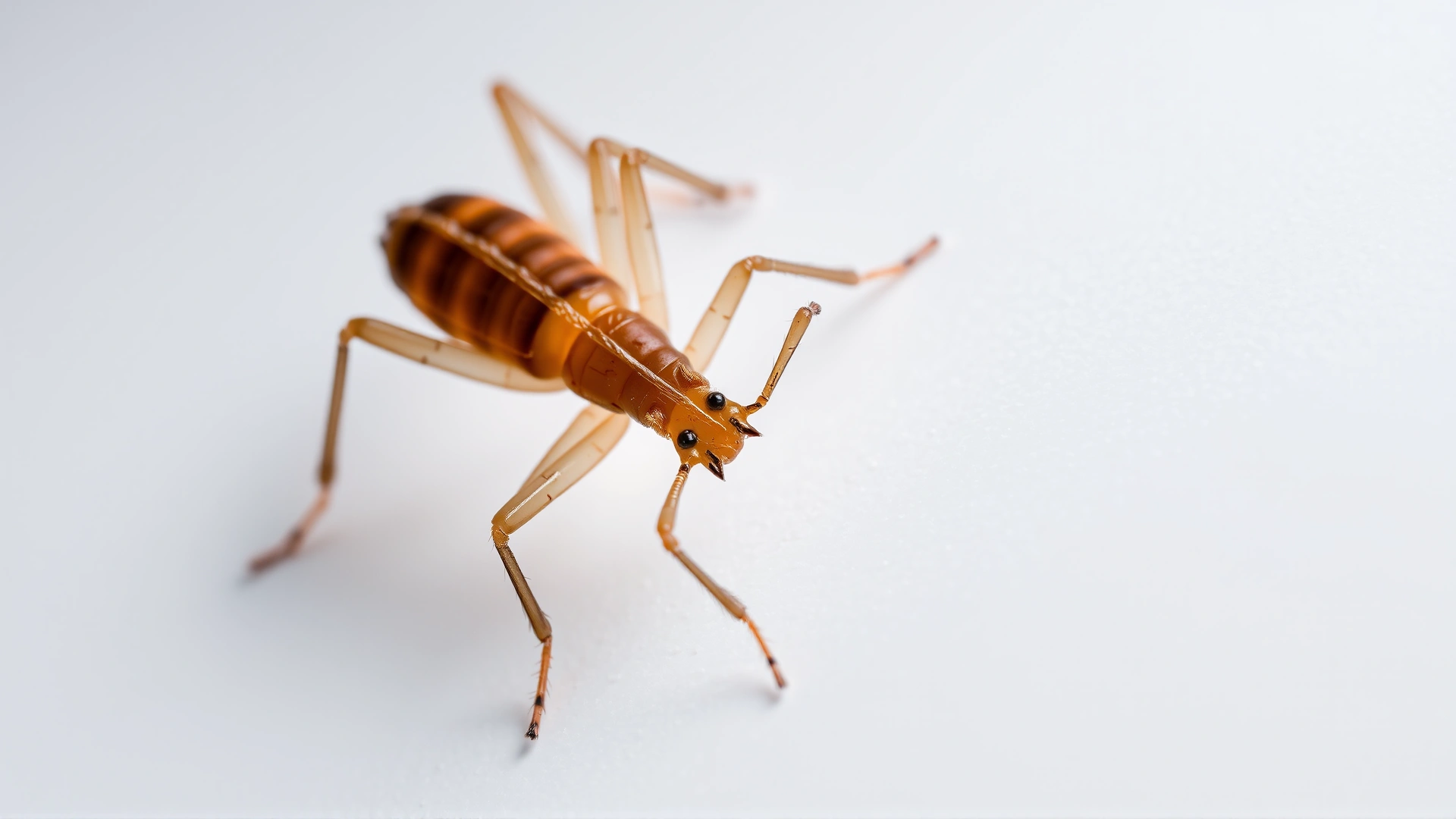 Extreme macro photograph of a single reptile mite on a white background, showing detailed legs and body segments.