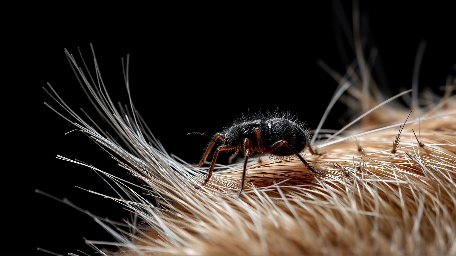 Macro shot of a Cheyletiella mite on a strand of cat fur against a dark background, high detail, studio lighting.