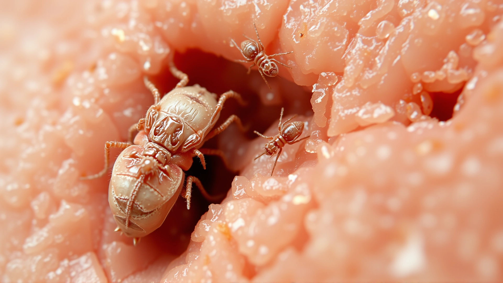 Microscopic view of Sarcoptes mites burrowing into skin tissue, captured in high magnification, no text on image.