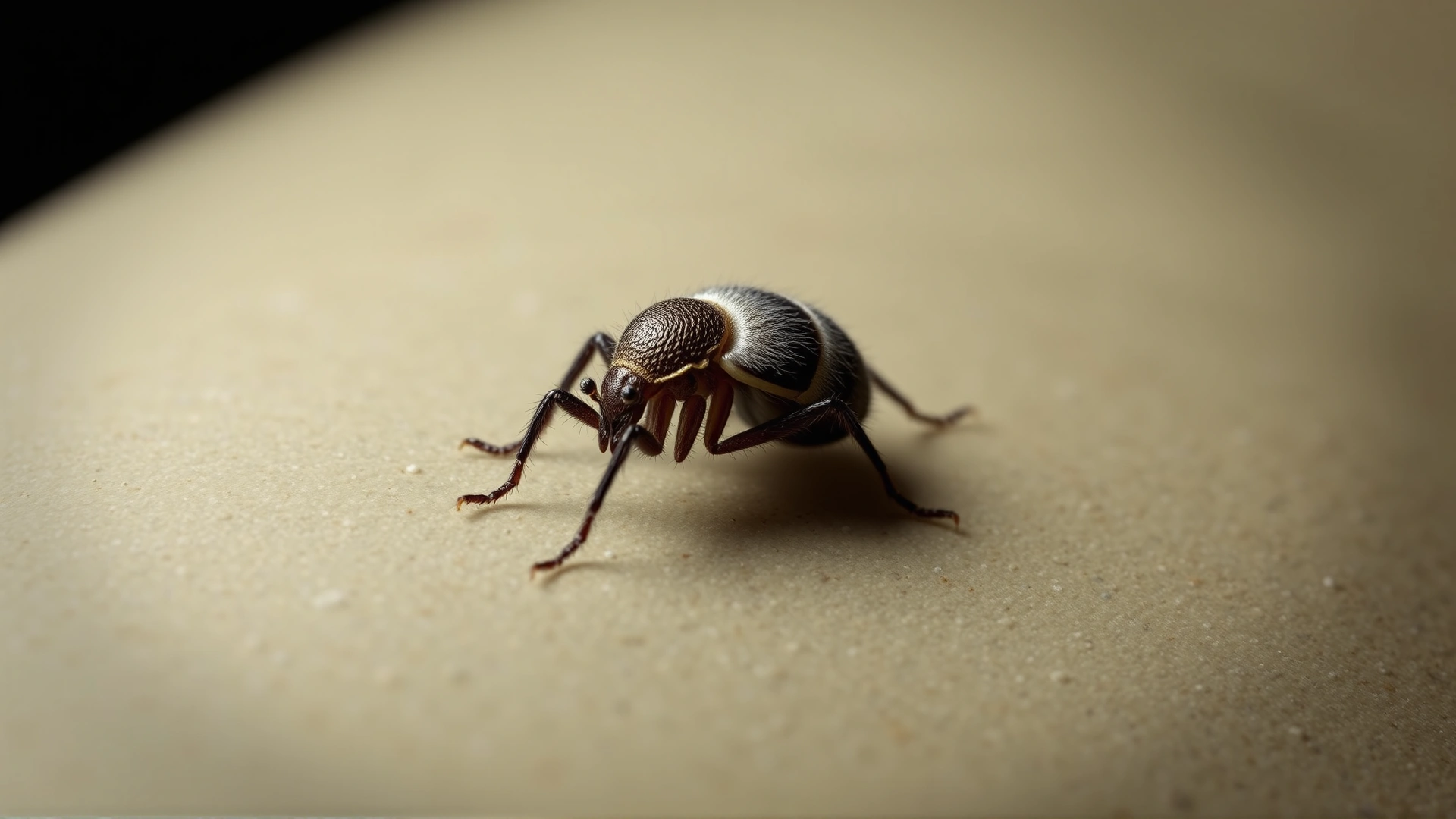 Highly detailed 3D render of a Knemidocoptes mite on avian skin surface, neutral background, no text.