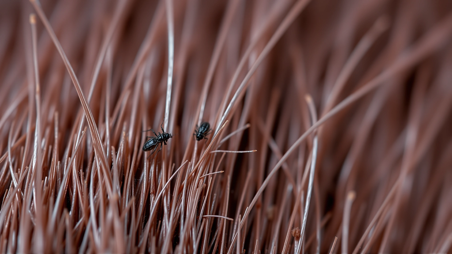 Macro photograph of equine skin with small mites visible between hairs