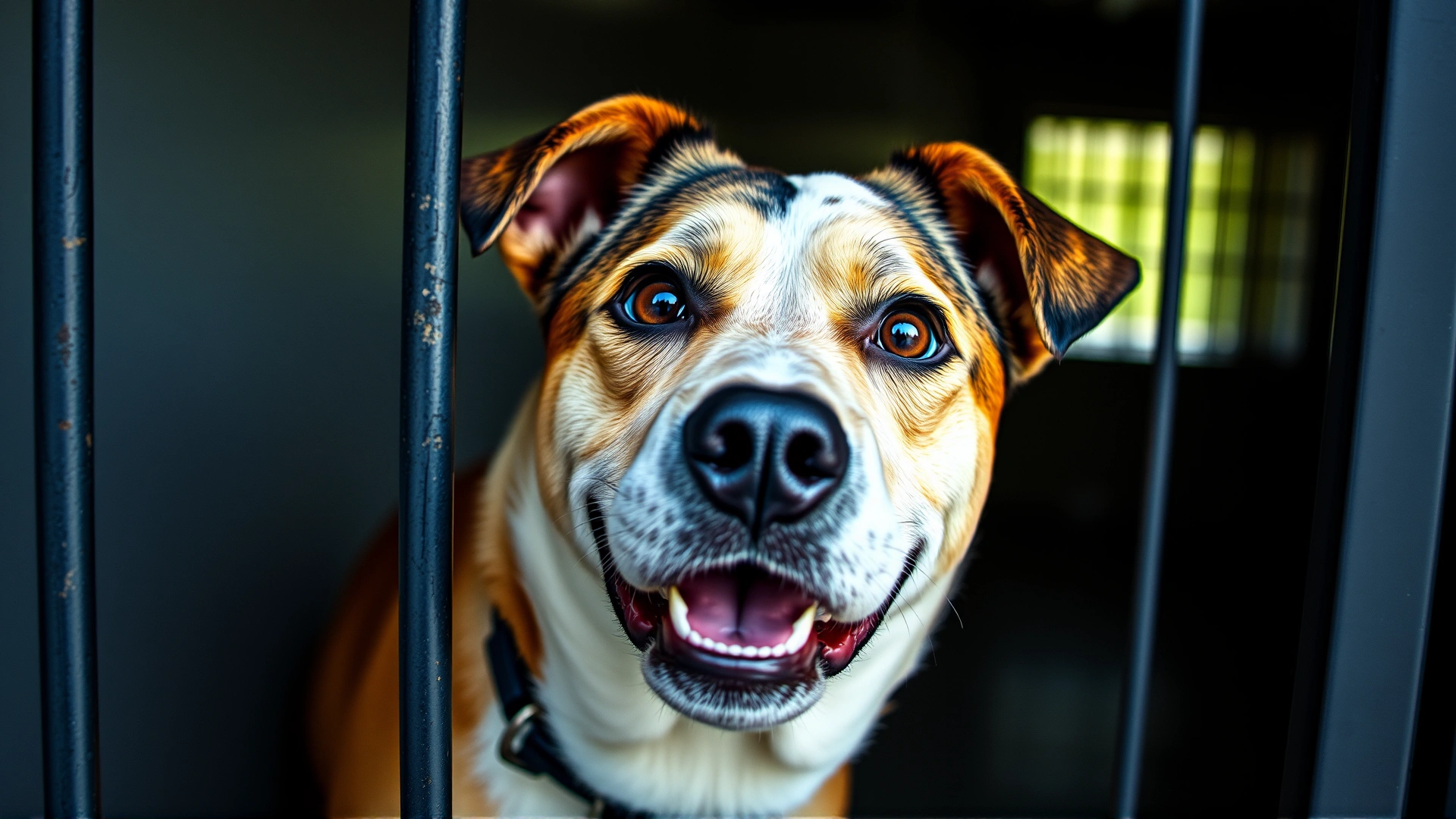 Friendly mixed-breed shelter dog with heterochromia eyes looking up at the camera inside a kennel doorway, symbolizing adoption.