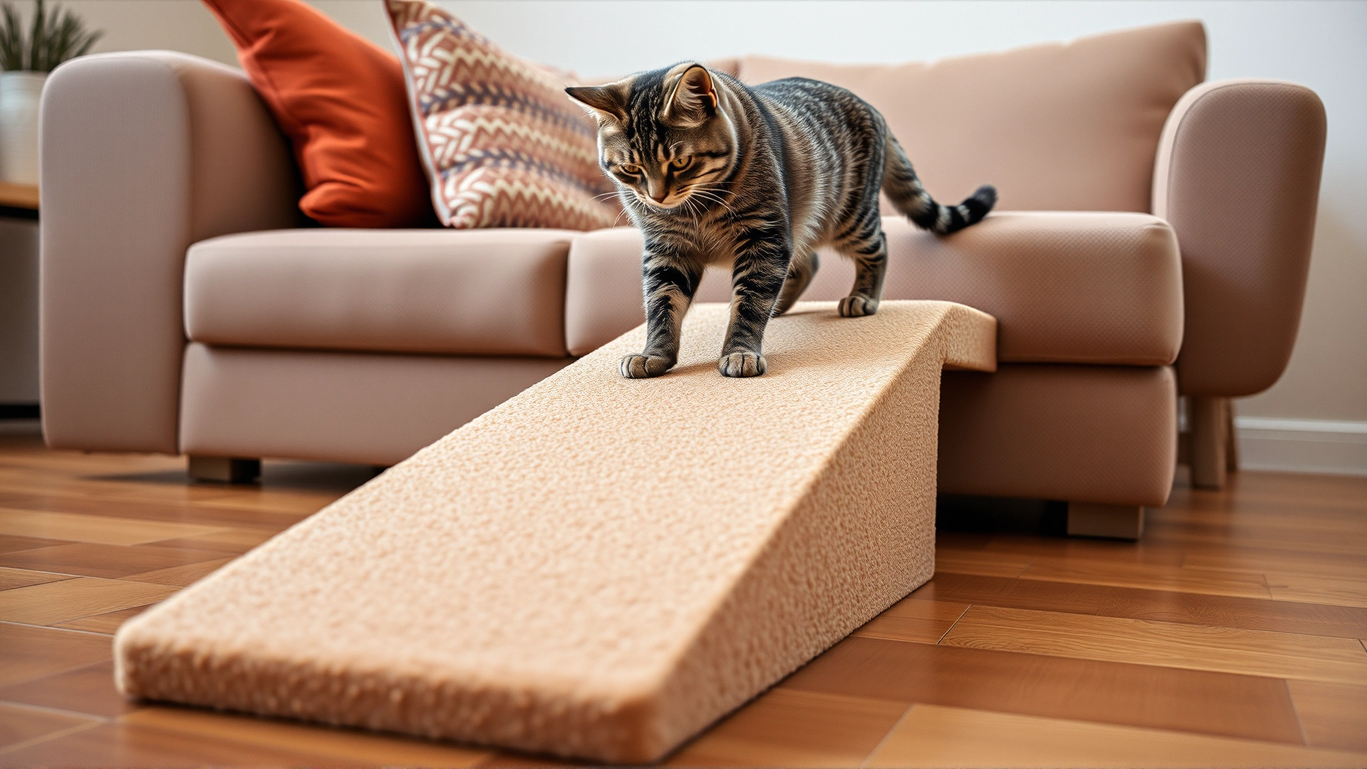 Foam ramp leading from the floor to a cozy couch where an elderly cat is about to climb.