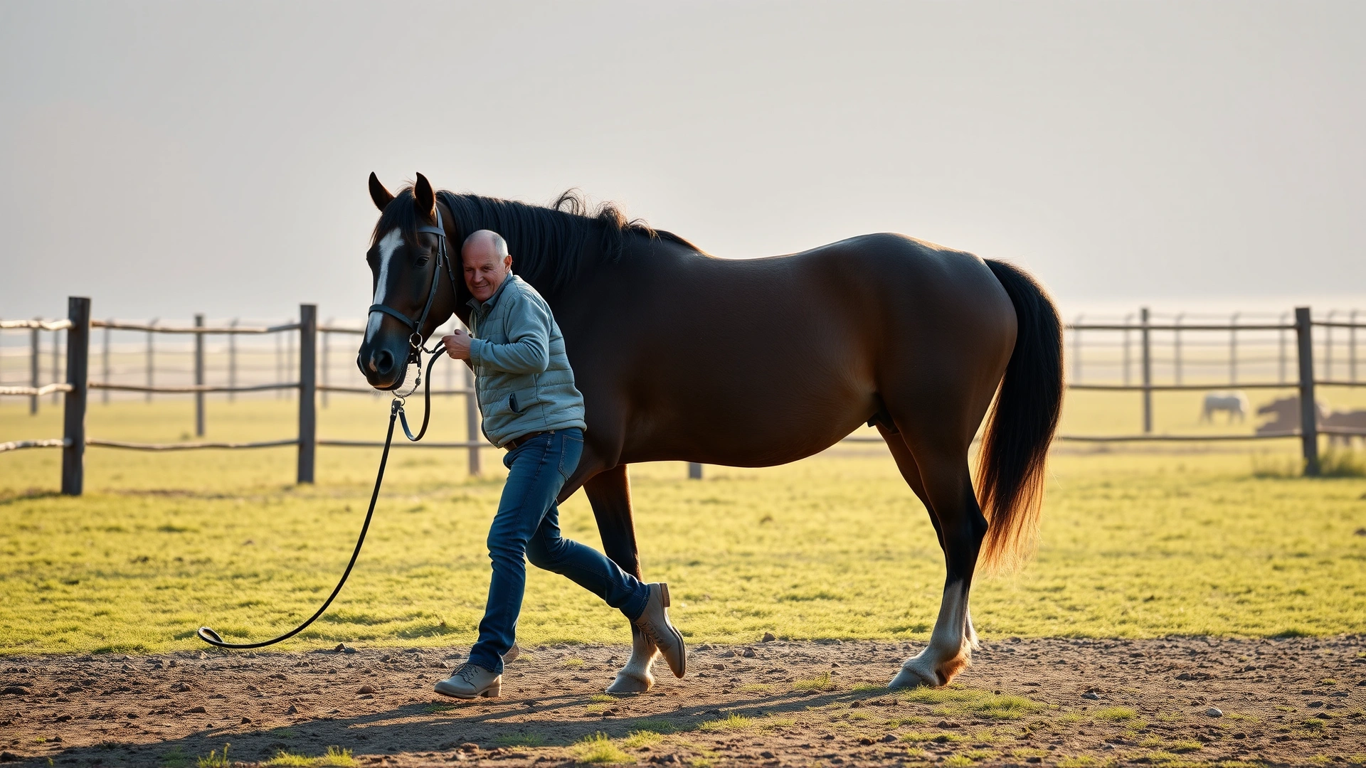 Owner leading an elderly horse at a slow walk along a fenced paddock, early morning light, no text