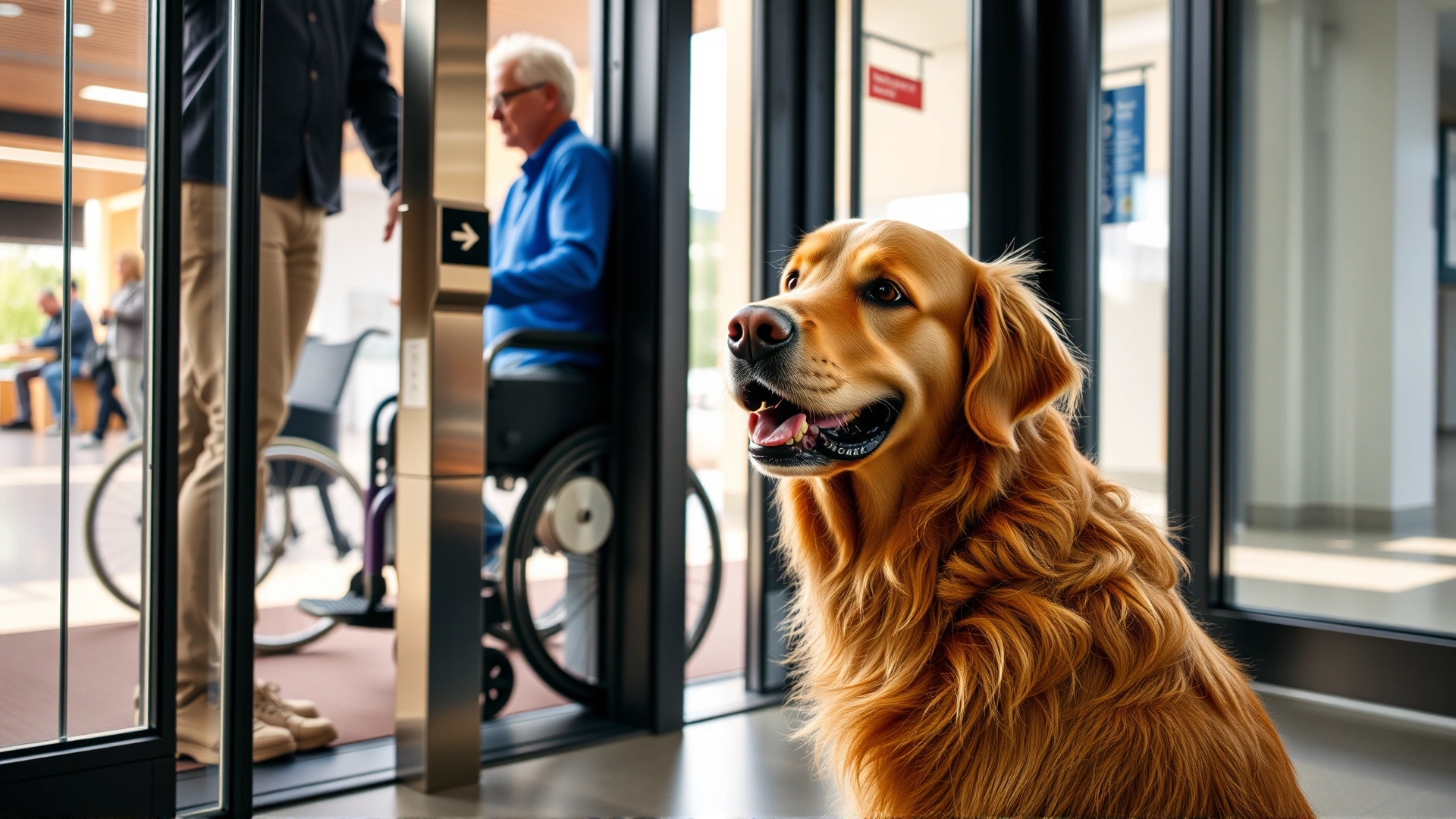 Large golden retriever pressing an automatic door push plate for a wheelchair user inside a public building, natural lighting.