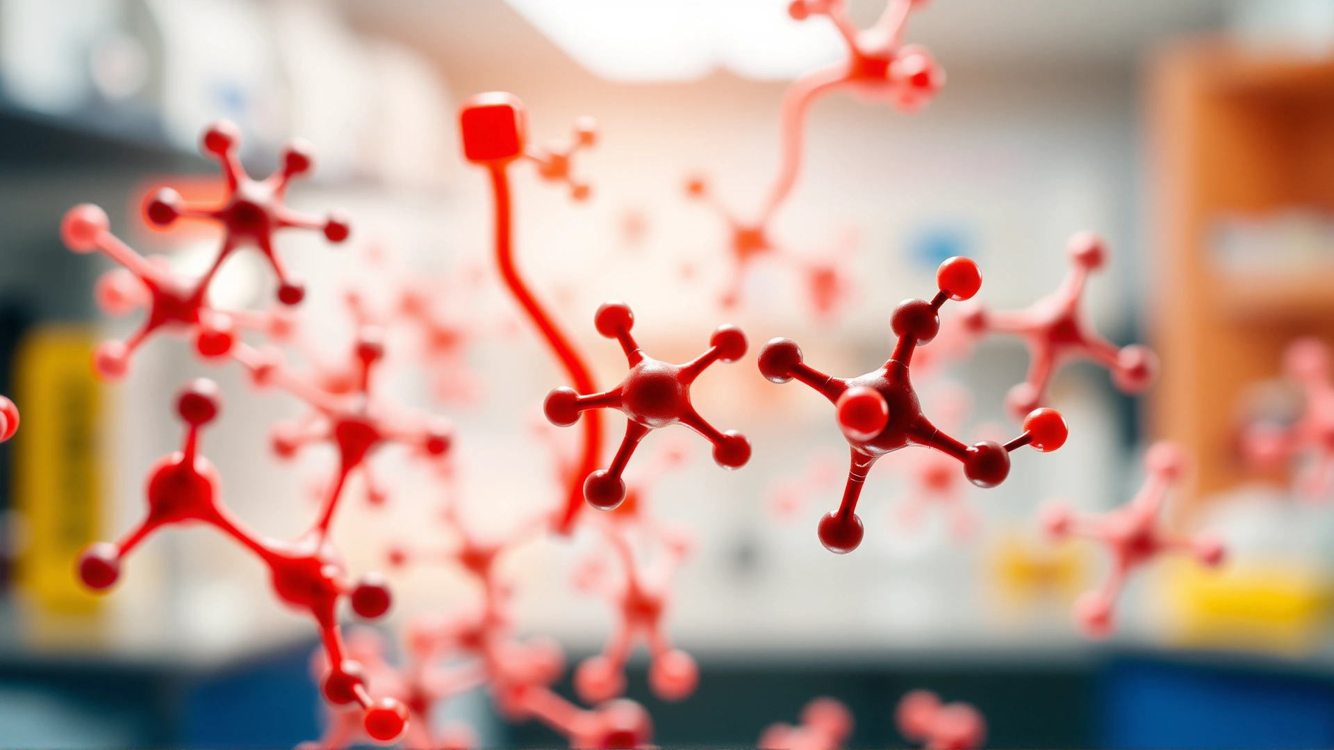 Abstract macro photo of colorful molecular structures overlaid on soft-focus laboratory background (no text)