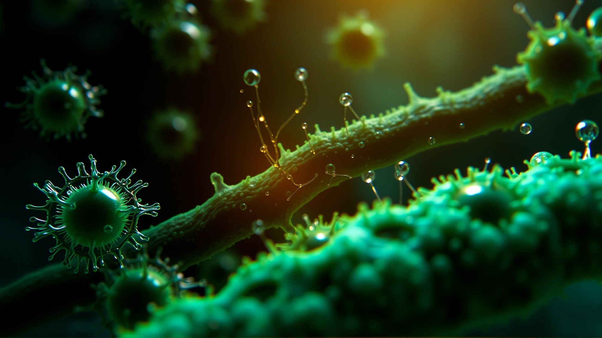 Illustrative macro shot of fungal cells under a microscope with highlighted cell membranes, stylized but realistic.